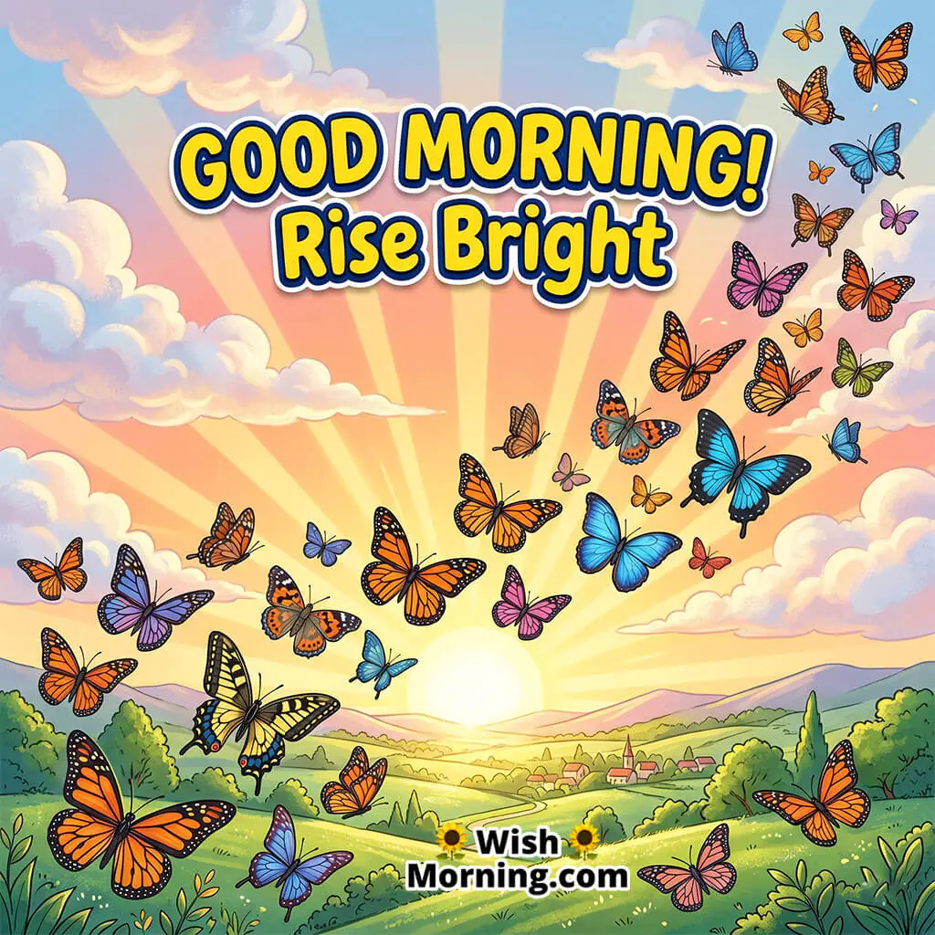 Good Morning Butterfly Sunrise Image with Quote featuring colourful butterflies flying in golden sunrise sky with clouds symbolizing new hope and uplifting energy.