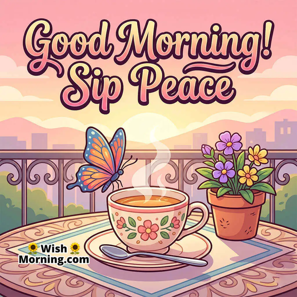 Good Morning Butterfly Tea Cup Image with Quote featuring a butterfly near a steaming tea cup on a balcony in morning glow symbolizing comfort calm and a slow start.