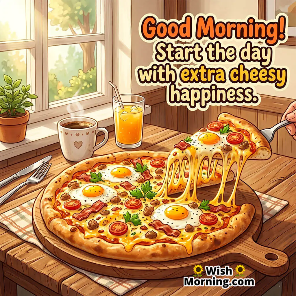 Good Morning Cheese Burst Pizza Image with Breakfast Quote featuring melted cheese pizza on breakfast table symbolizing tasty and cheerful morning vibes.