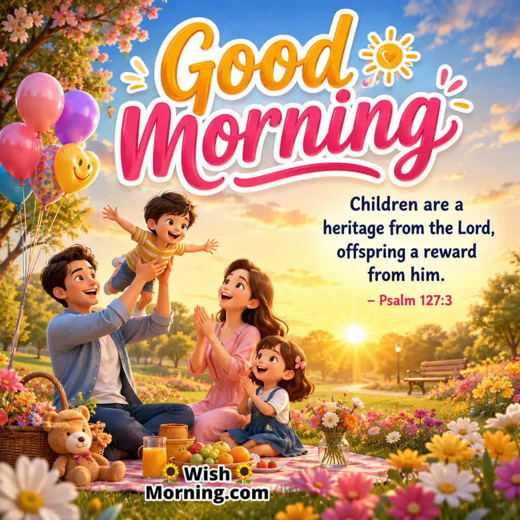 Good Morning Children Are a Blessing Bible Message featuring a joyful family enjoying a picnic and celebrating together in a sunny park, symbolizing children as precious gifts and blessings from God.