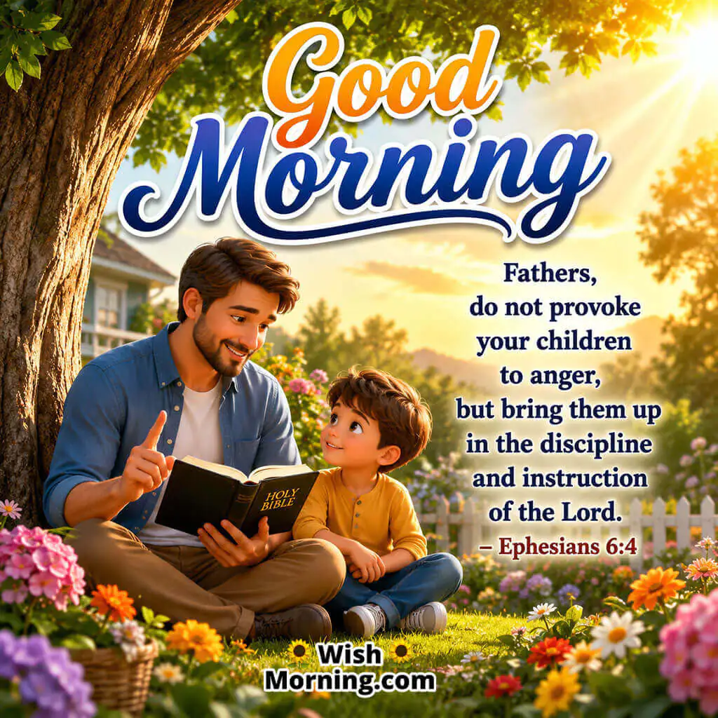 Good Morning Christian Parenting Bible Message featuring a father reading the Holy Bible with his young son beneath a tree in a peaceful garden, symbolizing spiritual discipline, instruction, and family faith.