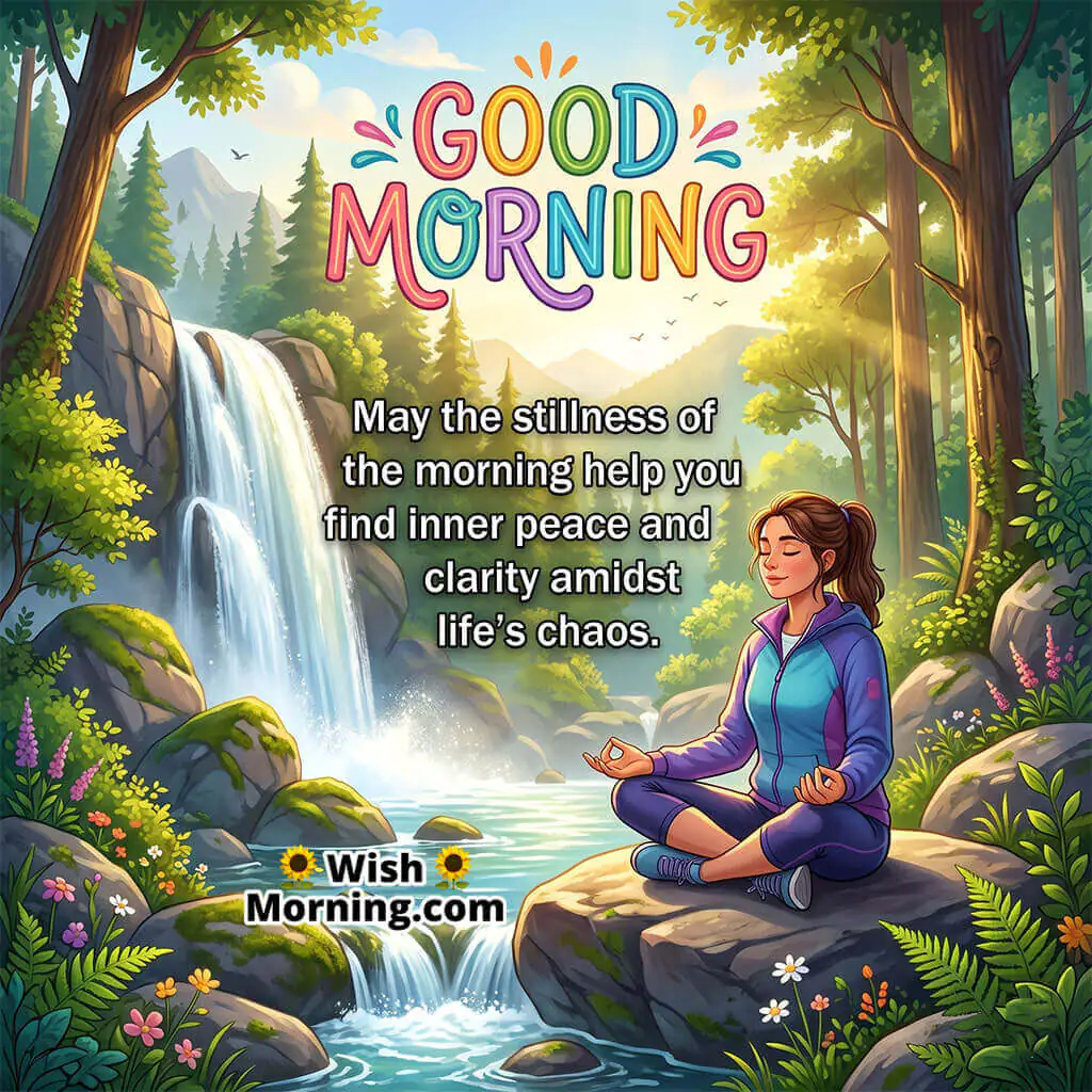 Good Morning Clarity and Peace of Mind Quote featuring person meditating near a mountain waterfall symbolizing calmness and mental clarity