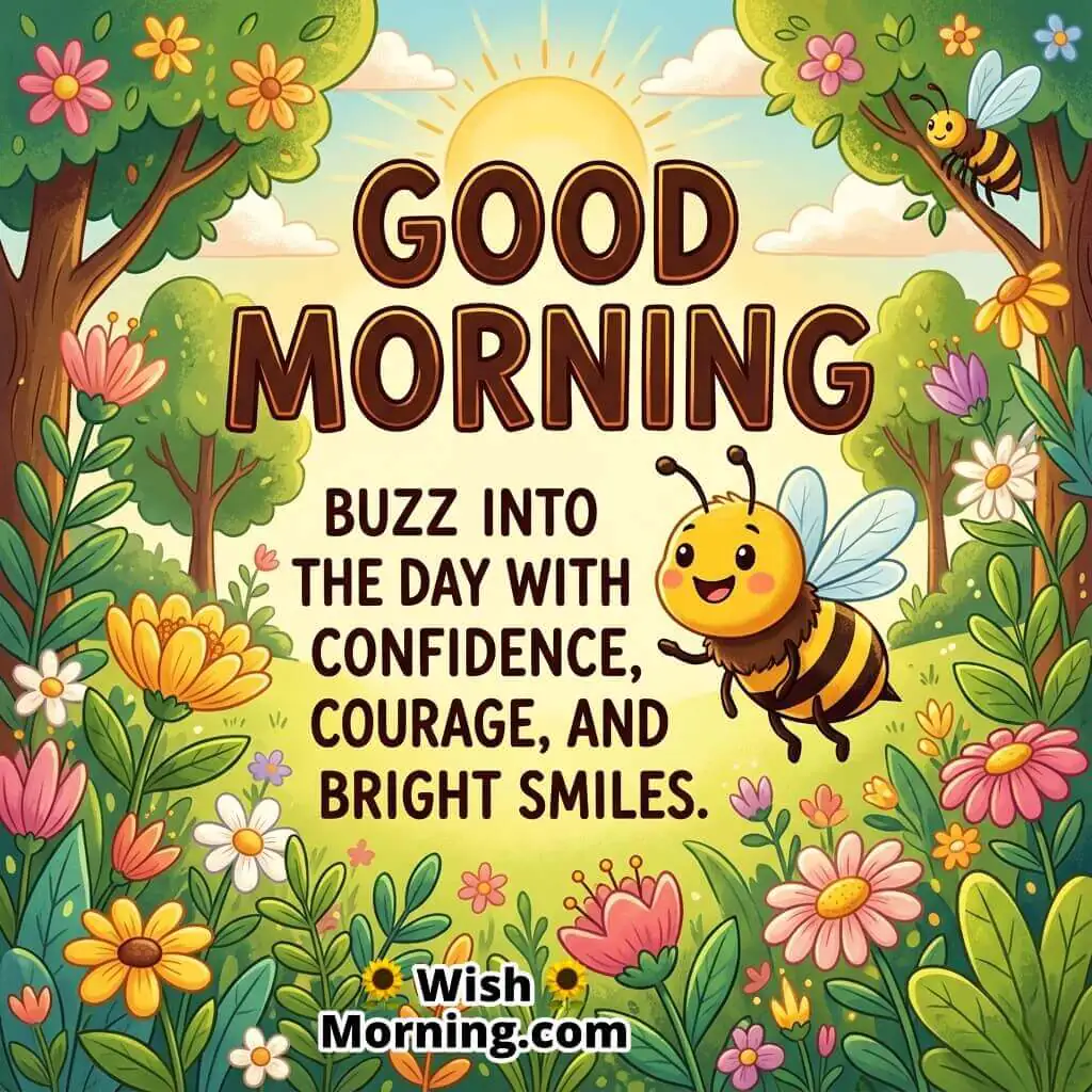 Good Morning Confidence and Courage Bee Quote Image featuring a smiling bee flying happily through a bright floral garden under warm sunshine, symbolizing confidence, courage, positivity, and joyful new beginnings.