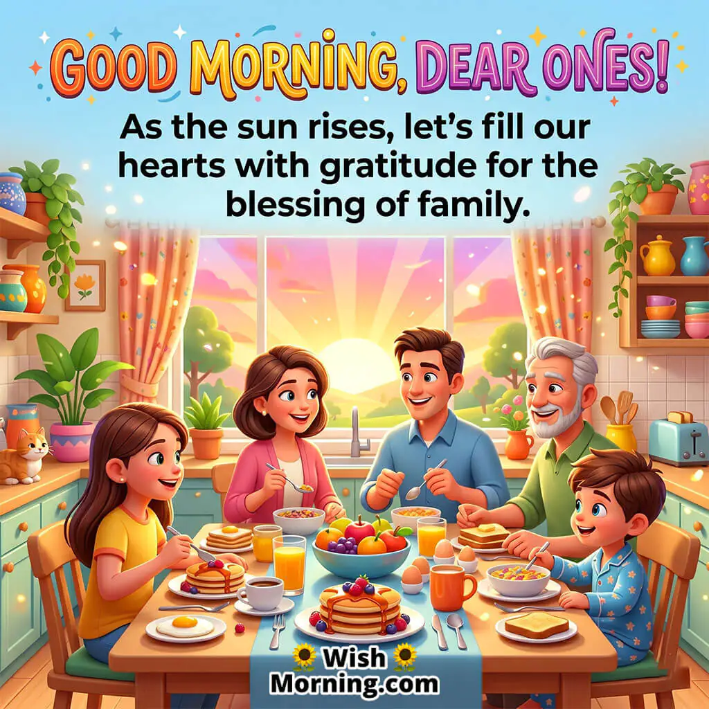 Good Morning Dear Ones Gratitude Message featuring a loving family gathered for breakfast near a glowing sunrise window symbolizing gratitude, happiness, and the blessing of family.