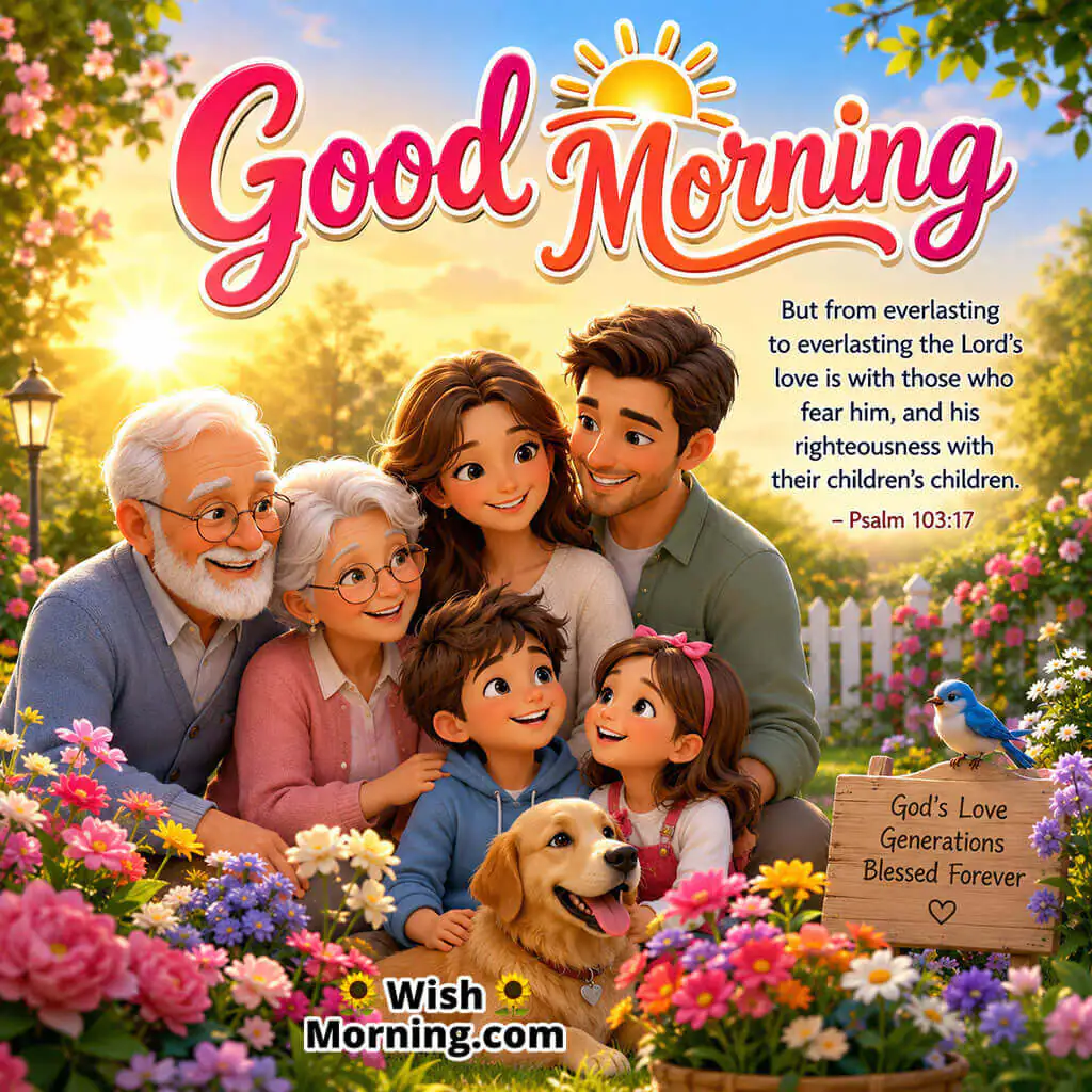 Good Morning Family Blessings Bible Verse Message featuring grandparents, parents, and children gathered happily in a flower-filled garden, symbolizing God's enduring love and blessings across generations.