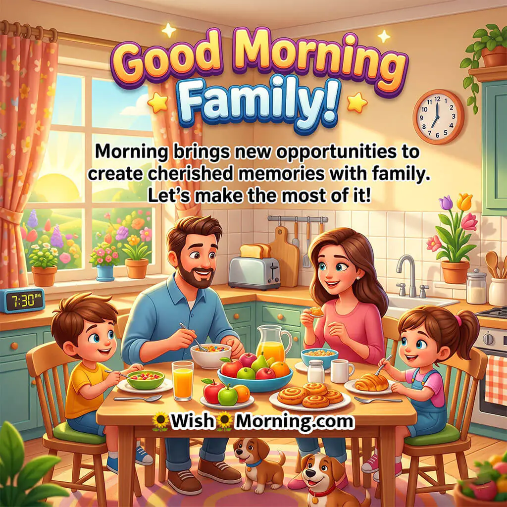 Good Morning Family Cherished Moments Quote featuring a smiling family sharing breakfast with playful children and pets in a colorful kitchen symbolizing sweet memories, positivity, and togetherness.