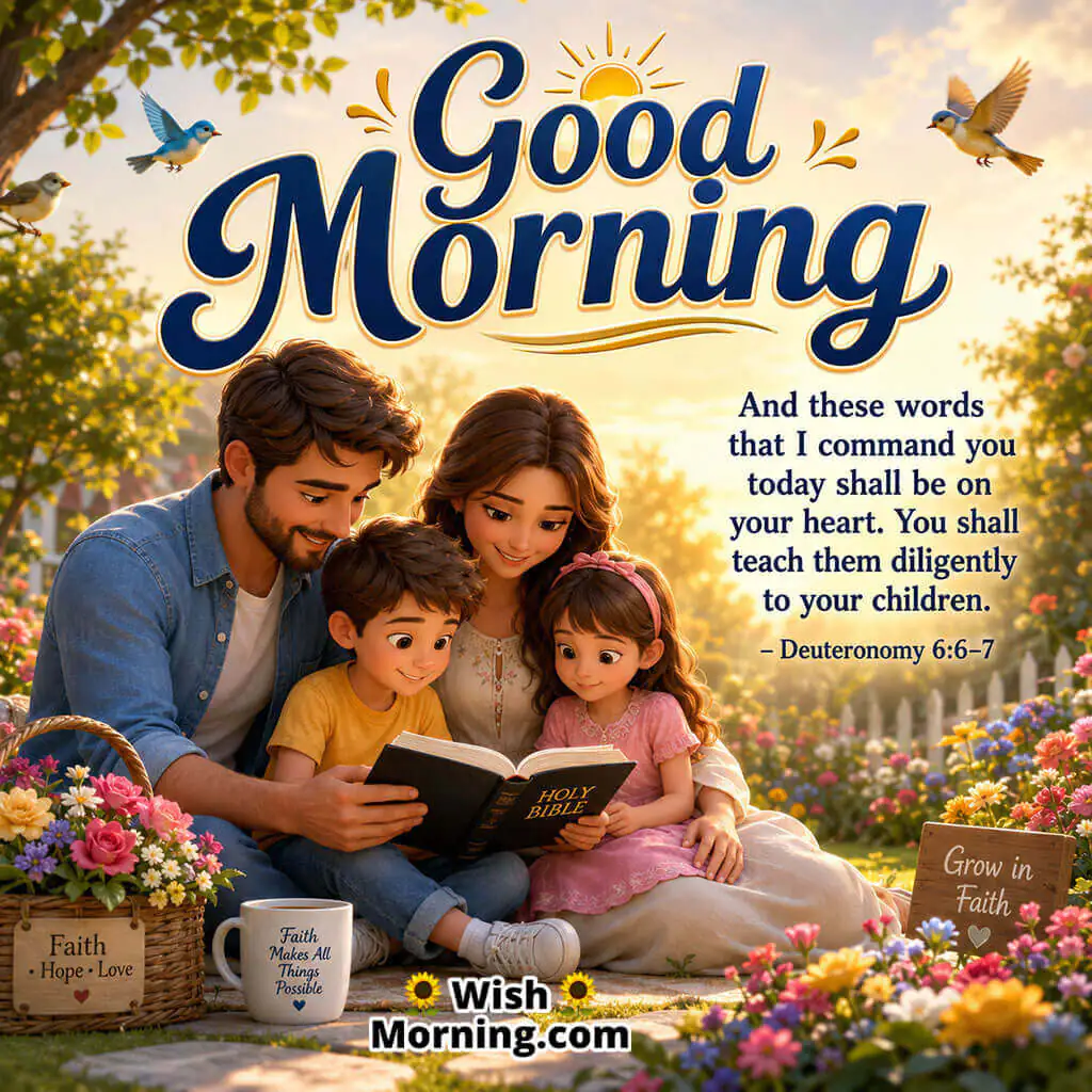 Good Morning Family Faith Bible Verse Message featuring parents and children reading the Holy Bible together in a colorful garden setting, symbolizing faith-filled parenting, learning, and spiritual growth.