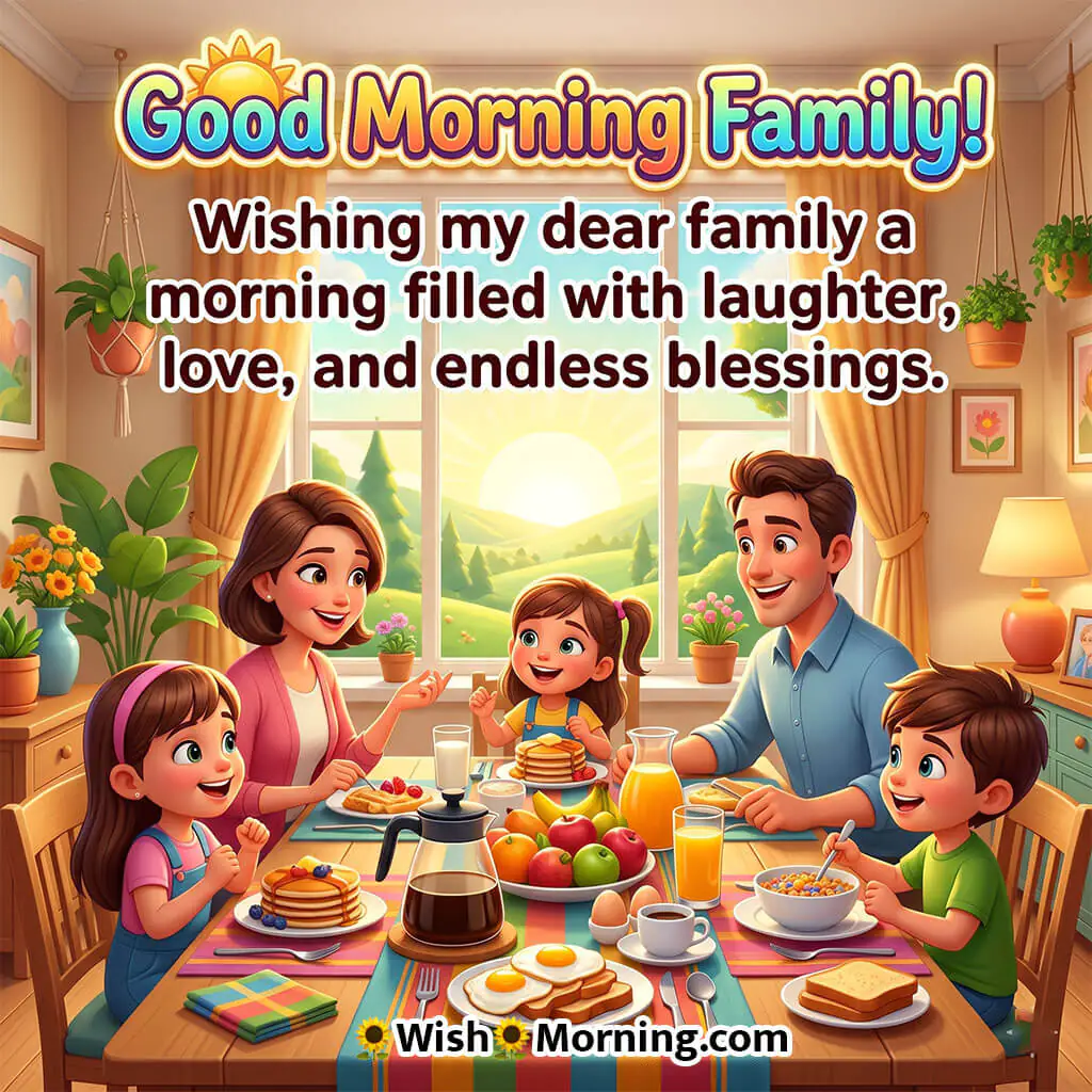 Good Morning Family Joyful Wishes Image featuring parents and children enjoying a cheerful breakfast together with bright morning sunshine and cozy home decor symbolizing laughter, love, and family happiness.