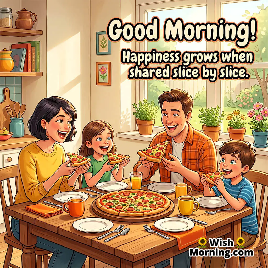 Good Morning Family Pizza Breakfast Image with Warm Quote featuring cheerful family sharing pizza together symbolizing love and togetherness.