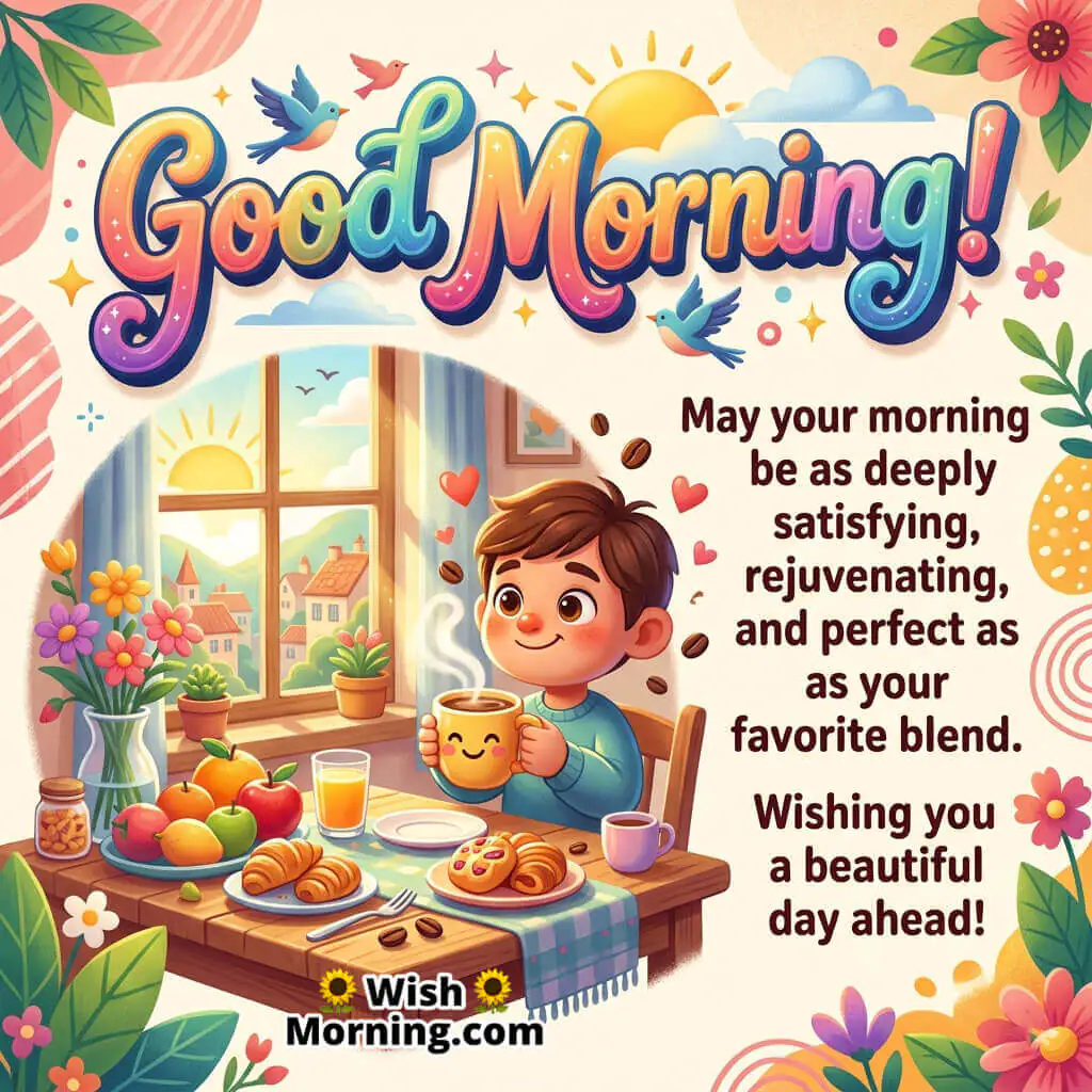 Good Morning Favorite Blend Positive Quote featuring a cute child enjoying a warm drink with breakfast near a colorful morning window symbolizing satisfaction, rejuvenation, and a beautiful day ahead.