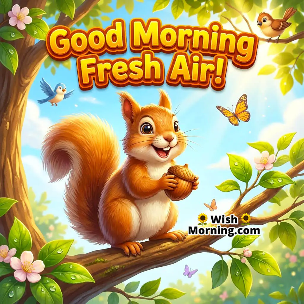 Good Morning Fresh Air featuring a squirrel sitting on a sunlit branch with green leaves and sky, symbolizing clarity and a refreshing start.