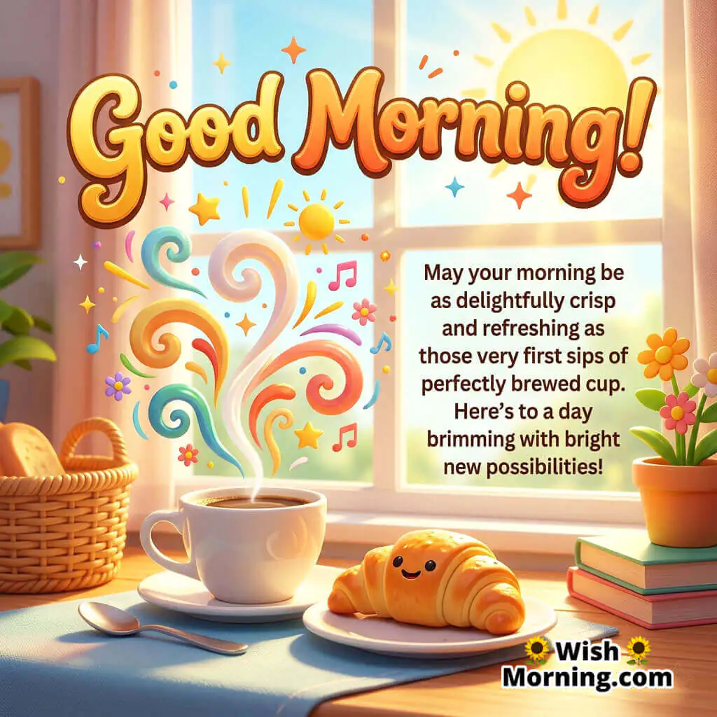 Good Morning Fresh Brew Inspirational Wish Image featuring a smiling croissant beside a steaming coffee cup near a bright sunny window symbolizing refreshing beginnings and positive new opportunities.