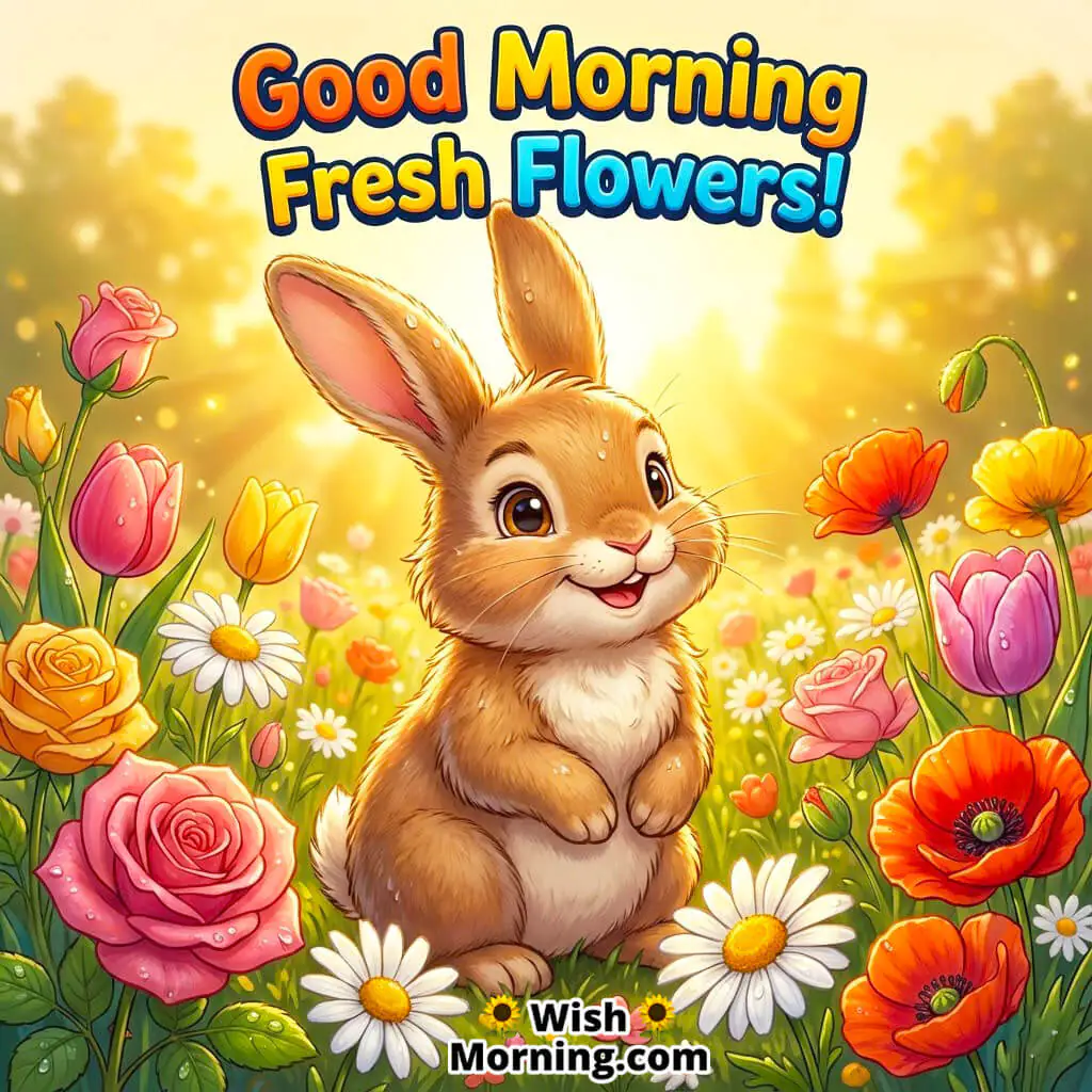 Good Morning Fresh Flowers featuring a cute rabbit sitting among colourful flowers in warm morning sunlight, symbolizing freshness and natural joy.
