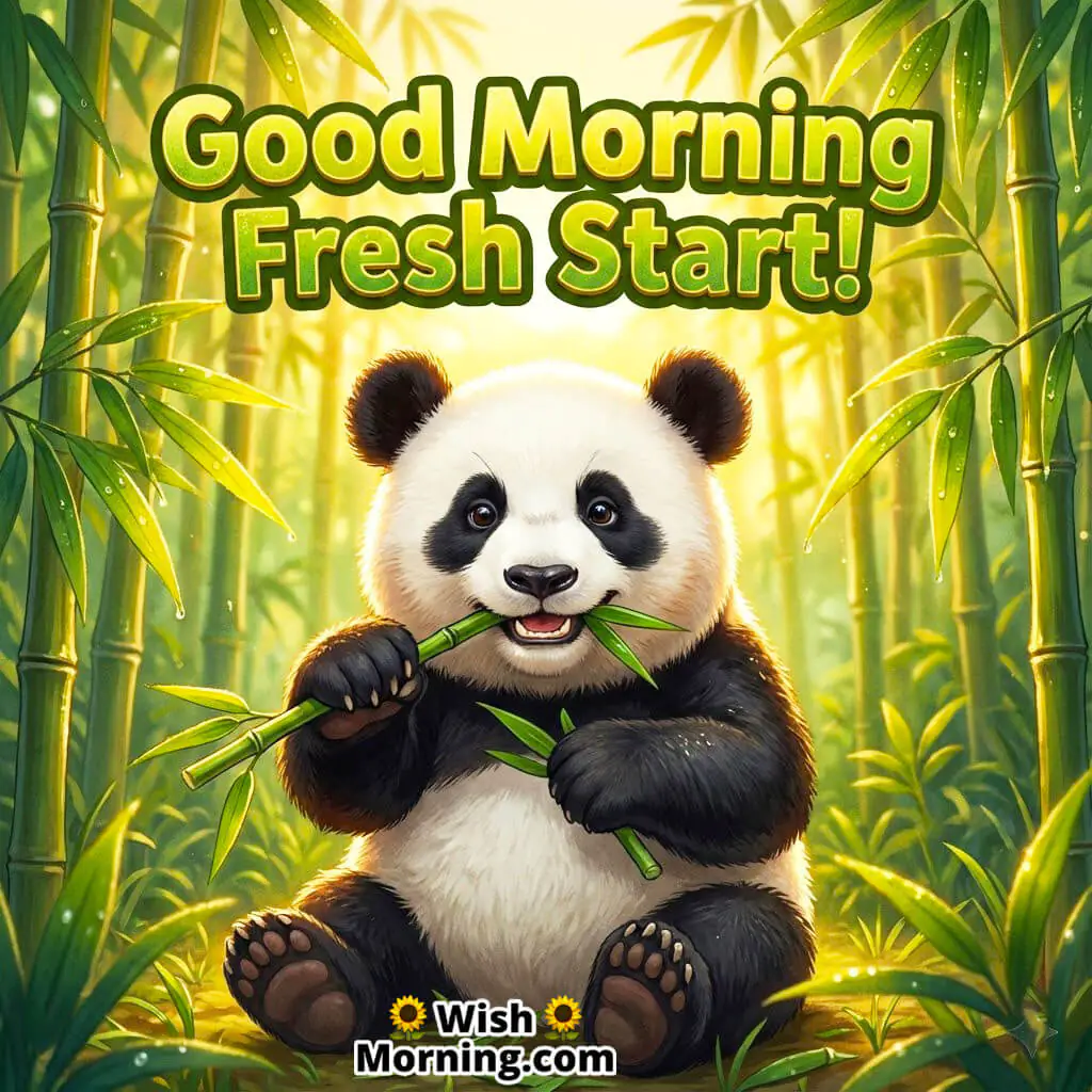Good Morning Fresh Start featuring a baby panda sitting in green bamboo with sunrise light, symbolizing new beginnings.