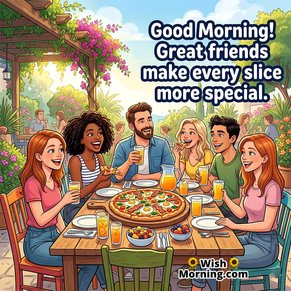 Good Morning Friends Pizza Party Image with Cheerful Quote featuring friends enjoying pizza and juice together symbolizing friendship and fun.