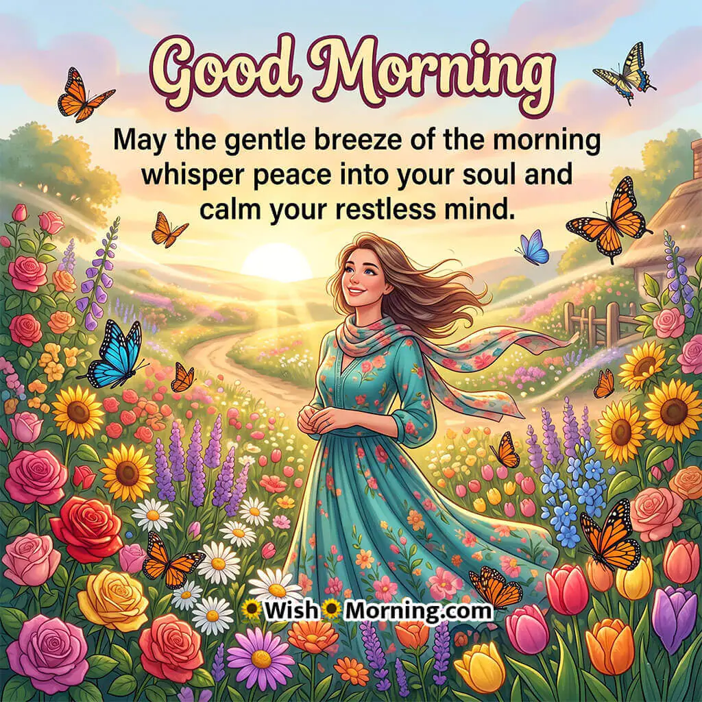 Good Morning Gentle Breeze Quote for Soul Peace featuring smiling woman in a breezy flower garden symbolizing relaxation and emotional calm