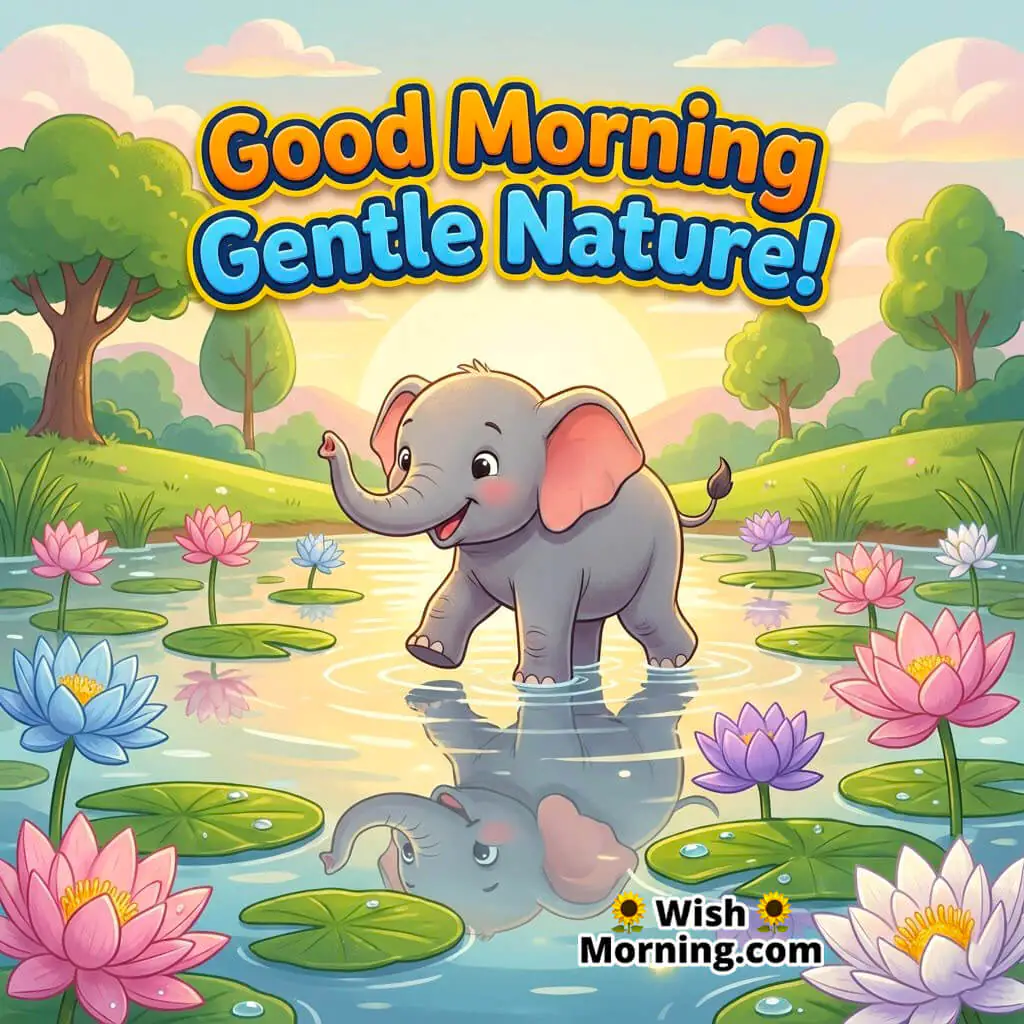Good Morning Gentle Nature featuring a baby elephant walking near colourful lotus flowers, symbolizing purity and harmony.