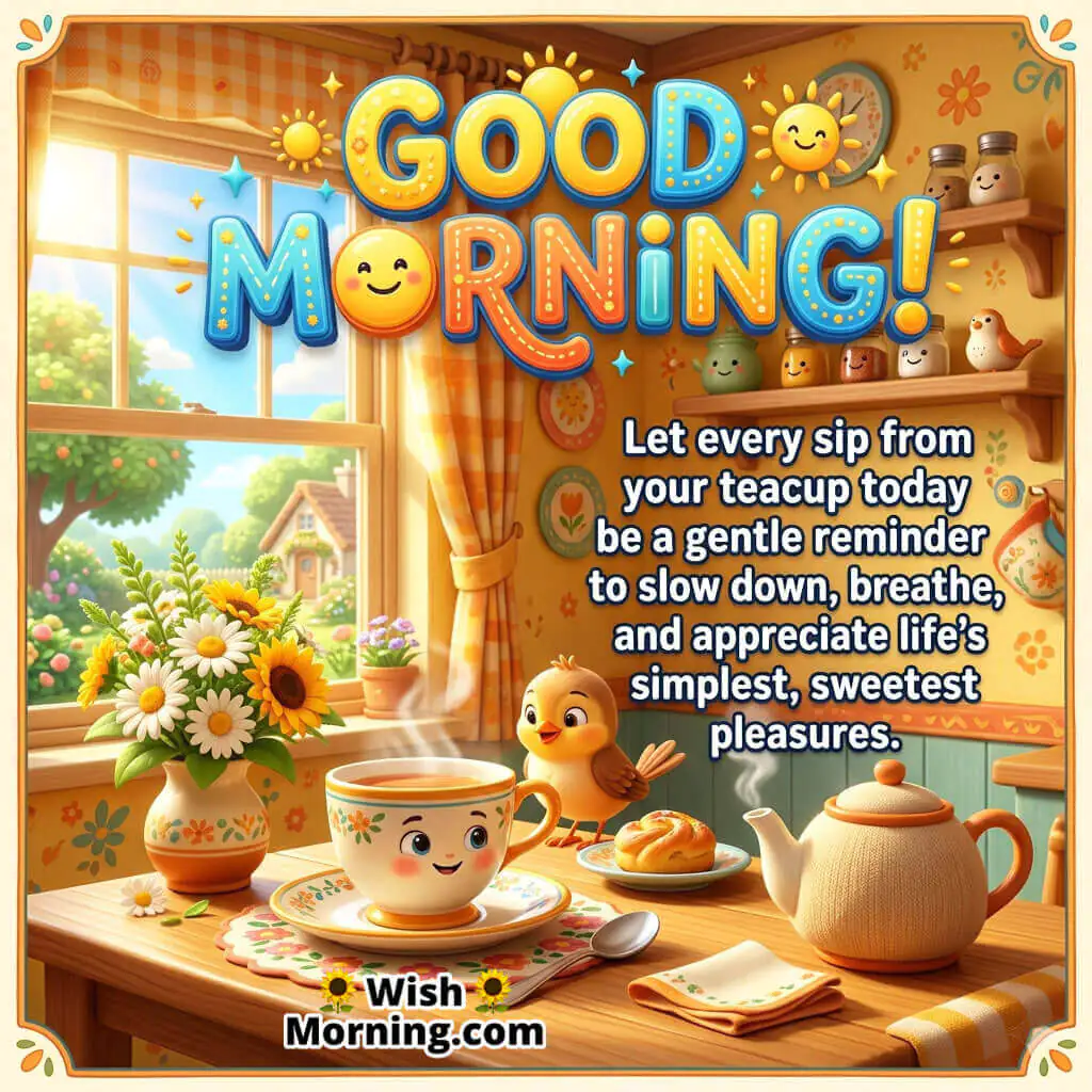 Good Morning Gentle Tea Reminder Message Image featuring a smiling teacup and cozy kitchen decor with flowers and warm sunlight symbolizing slow living, gratitude, and life’s sweetest simple pleasures.