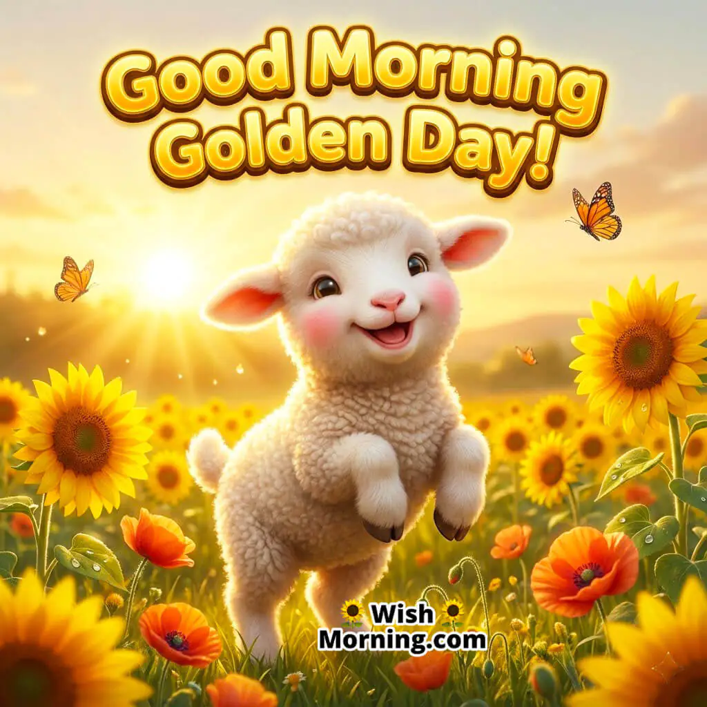 Good Morning Golden Day featuring a fluffy lamb standing in a bright golden flower field, symbolizing warmth and soft happiness.