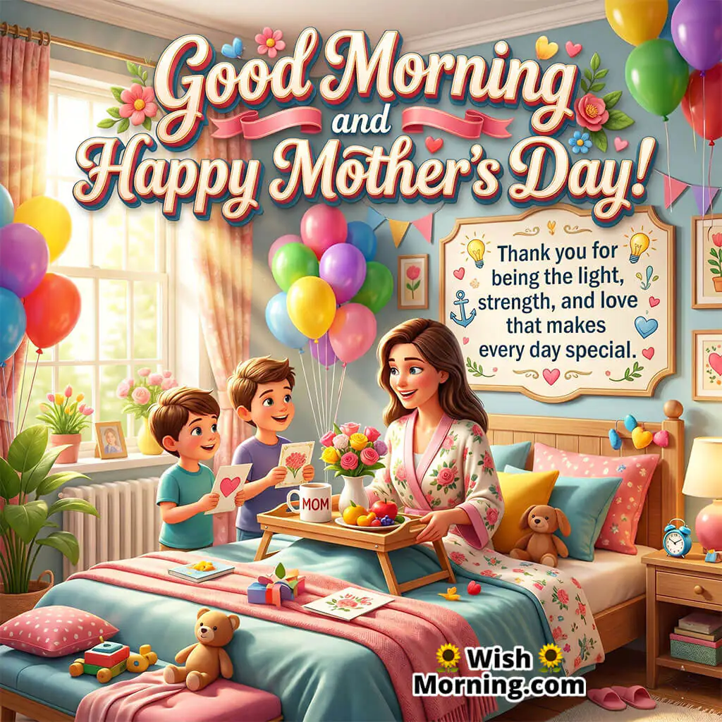 Good Morning Happy Mother’s Day Thank You Quote featuring a smiling mother receiving handmade cards and breakfast from her children in a colorful decorated bedroom symbolizing love, strength, and family happiness.