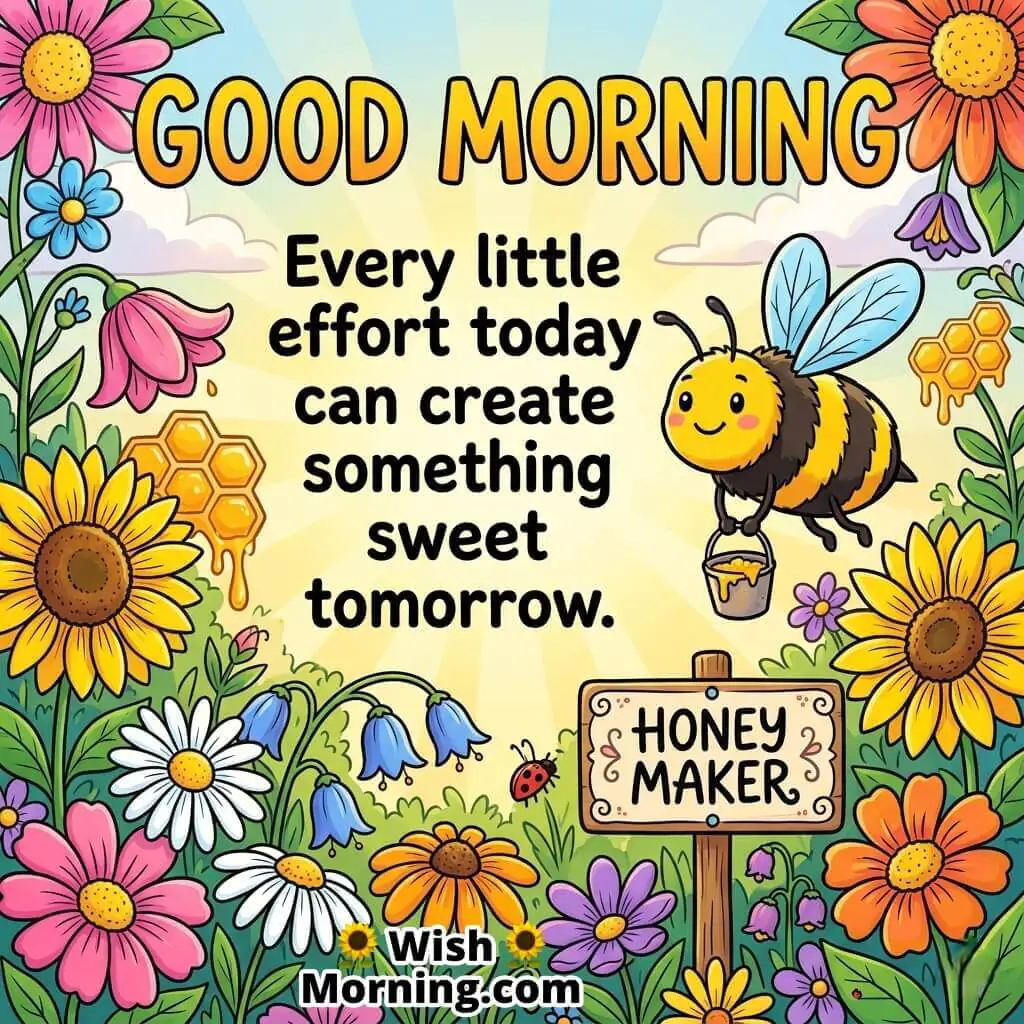 Good Morning Hard Work Motivation Quote Image featuring a cute bee carrying honey in a vibrant flower garden with honeycombs and sunflowers, symbolizing effort, patience, and sweet success in the future.