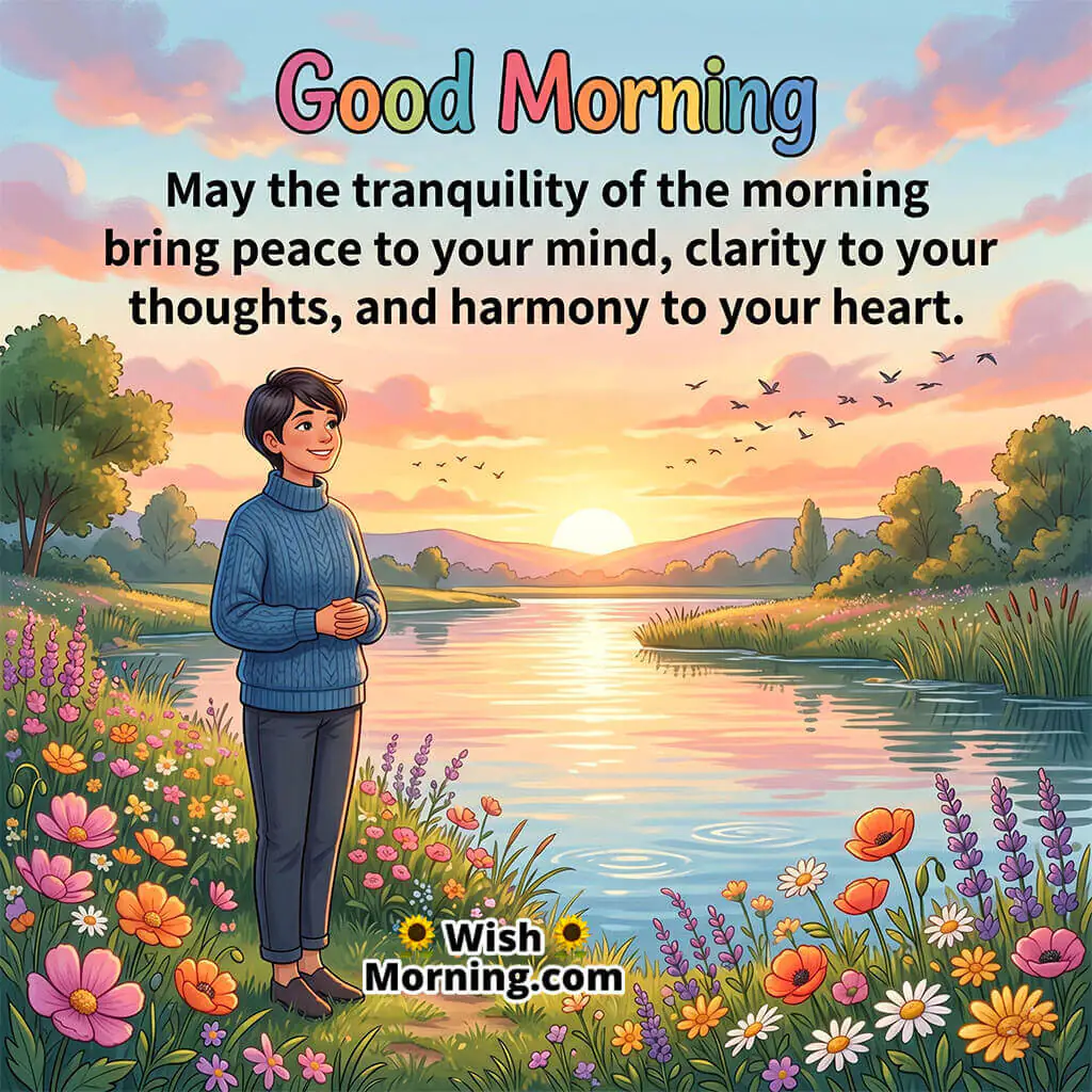 Good Morning Harmony and Peace of Mind Message featuring calm person beside a sunrise river symbolizing balance, clarity, and peaceful thoughts