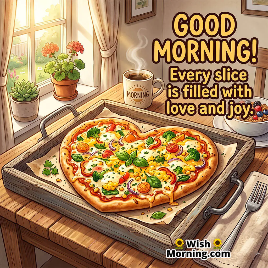 Good Morning Heart Pizza Image with Loving Quote featuring heart-shaped pizza with colorful toppings symbolizing warmth love and happiness.