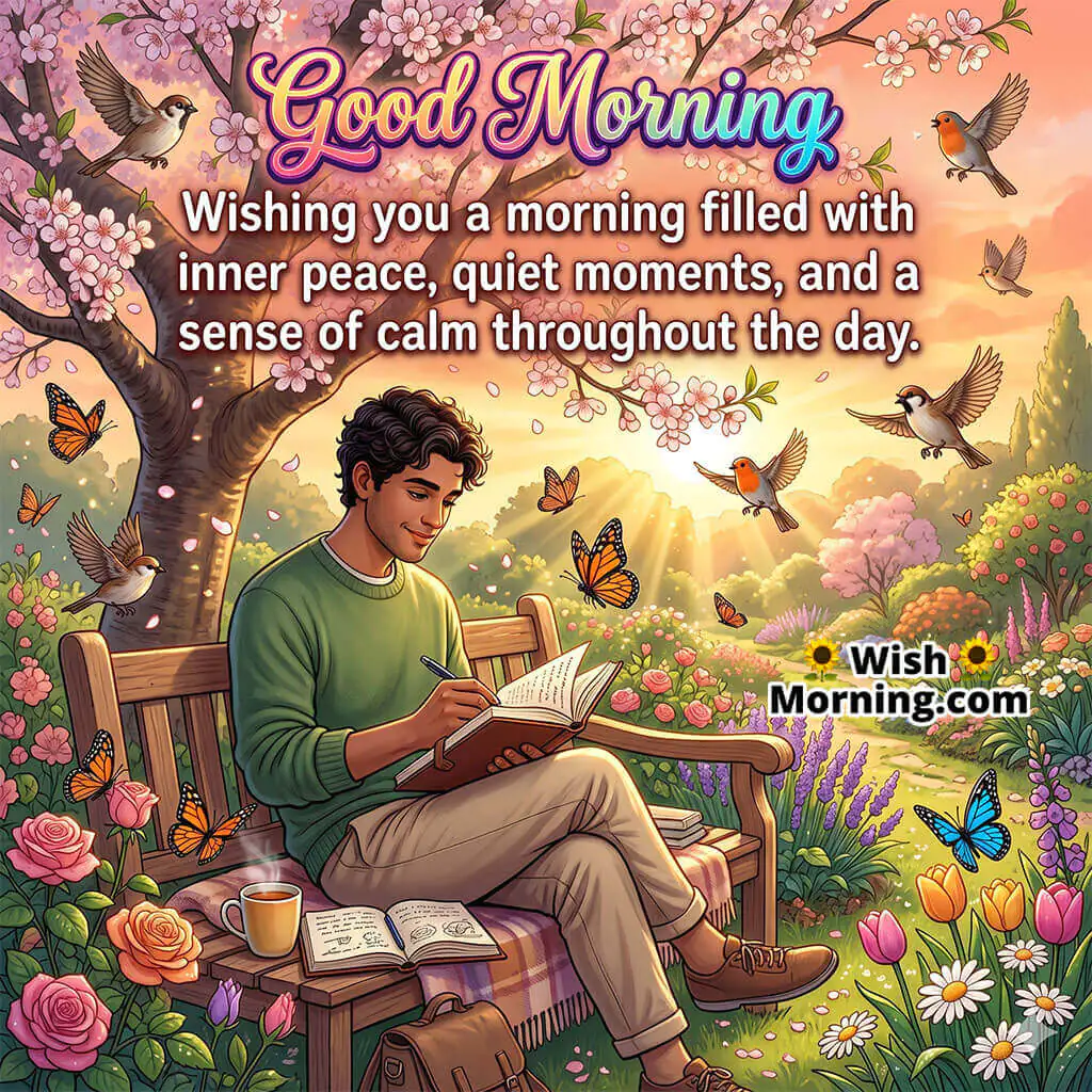 Good Morning Inner Peace Quote for Calm Reflection featuring young man journaling in a flower garden symbolizing quiet moments and mindfulness