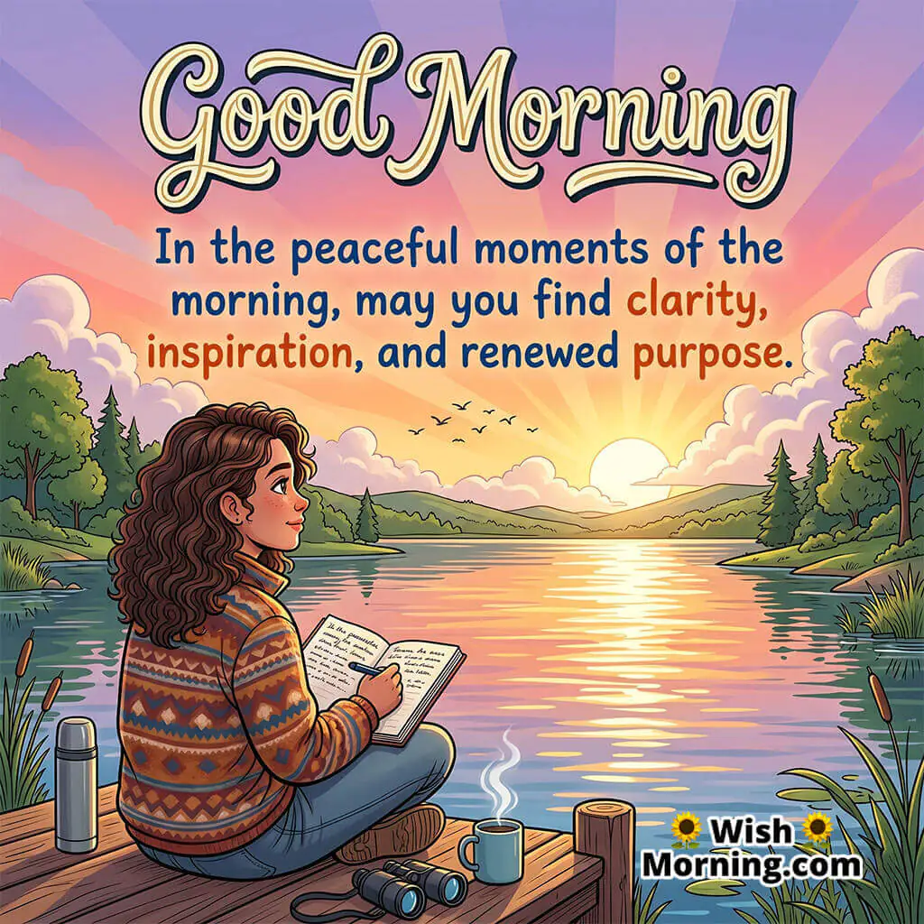 Good Morning Inspiration and Clarity Peace Quote featuring thoughtful person beside a peaceful lake with notebook symbolizing focus and renewed purpose