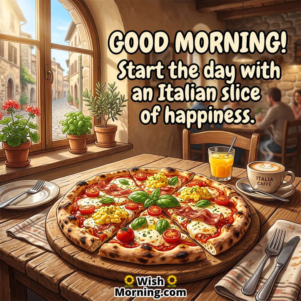 Good Morning Italian Pizza Breakfast Image with Quote featuring basil mozzarella pizza on café table symbolizing warm and delicious mornings.