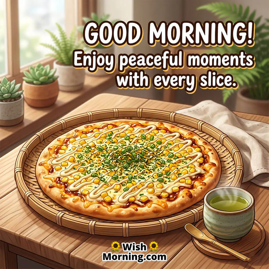 Good Morning Japanese Mayo Corn Pizza Image with Quote featuring corn pizza with tea on bamboo tray symbolizing calm and peaceful mornings.