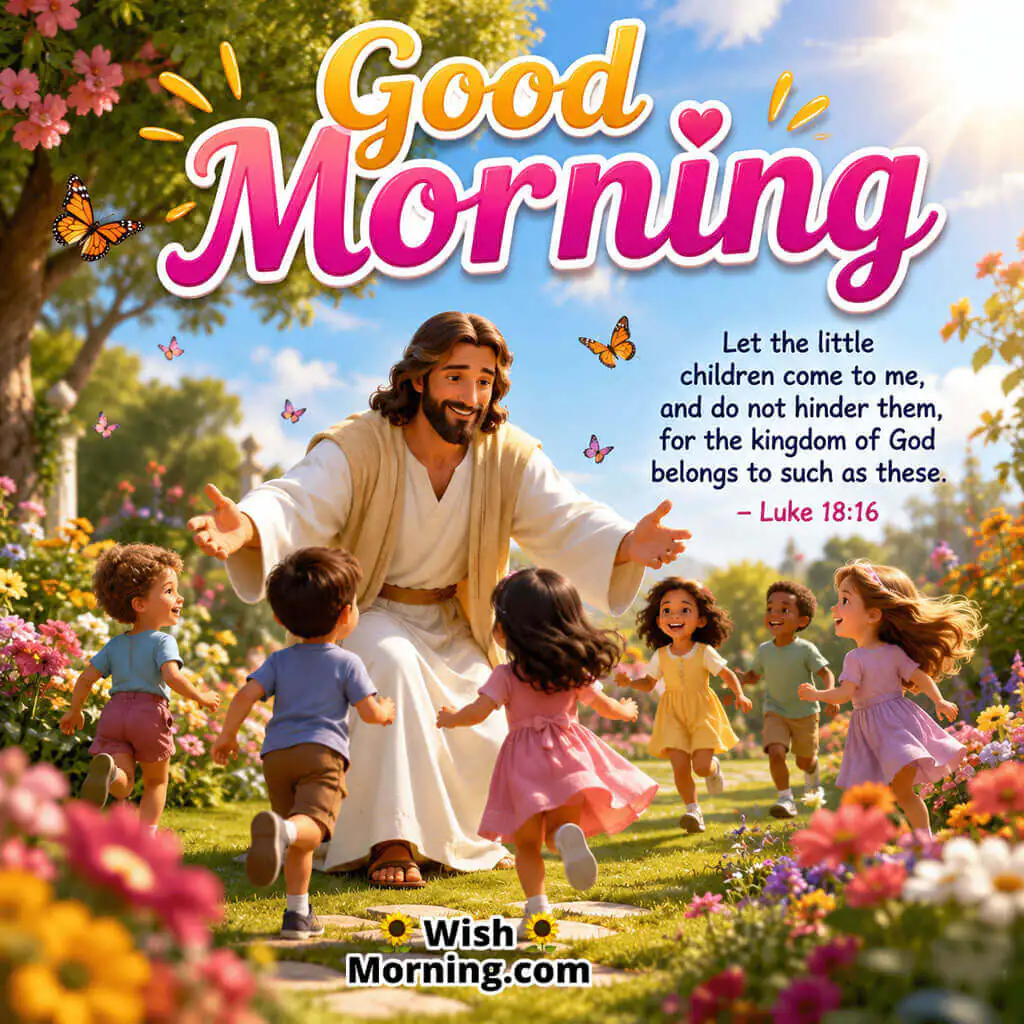 Good Morning Jesus Loves Children Bible Message featuring Jesus warmly welcoming joyful children in a colorful flower garden, symbolizing love, acceptance, and the blessings of God's kingdom.