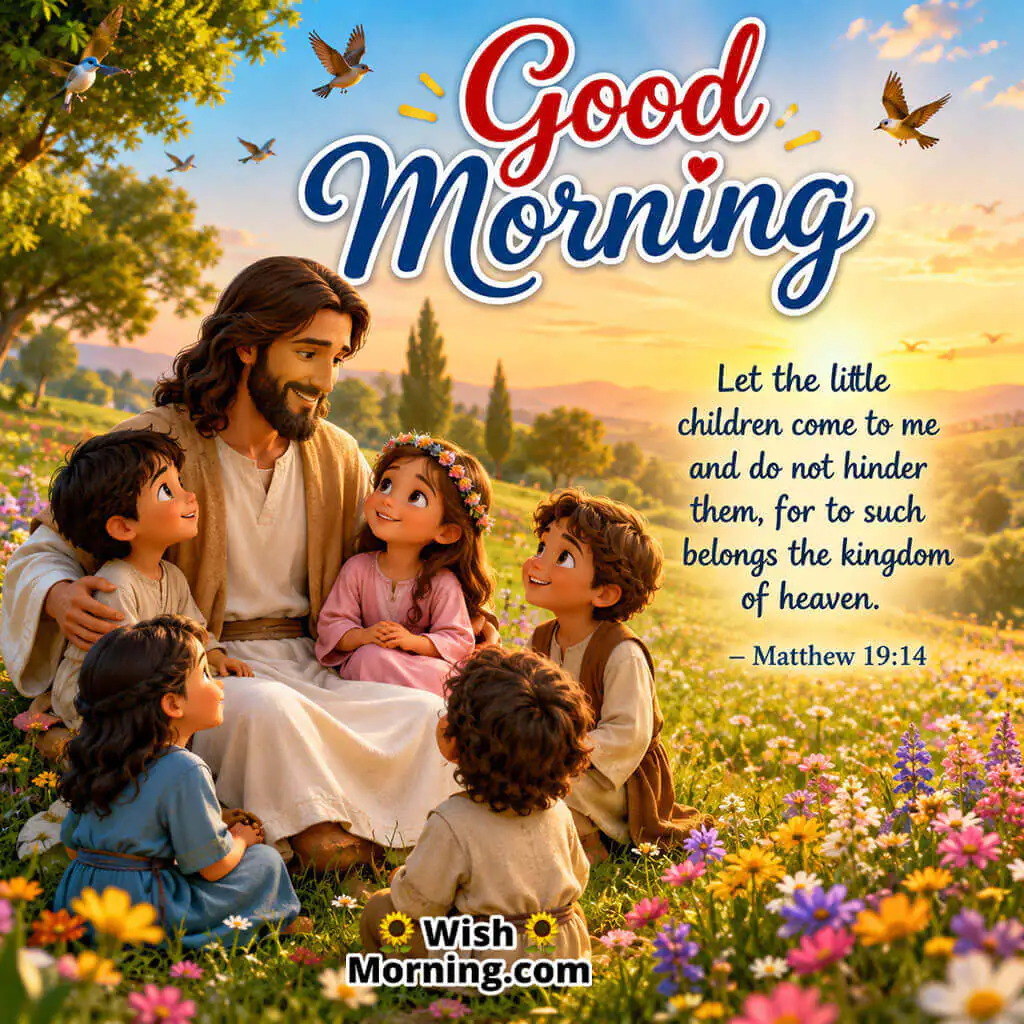 Good Morning Jesus and Children Bible Verse Message featuring Jesus teaching and caring for children in a blooming meadow at sunrise, symbolizing innocence, faith, and heavenly belonging.