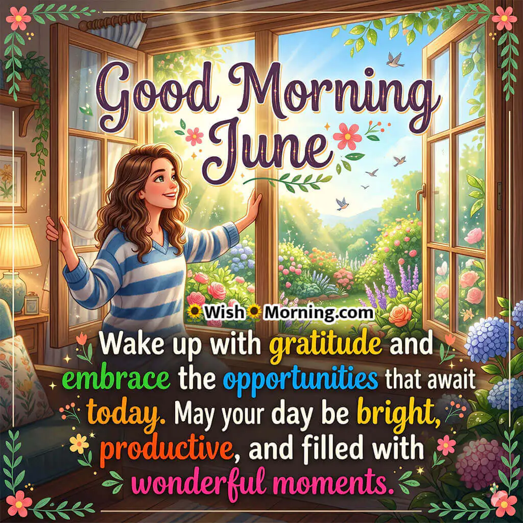 Good Morning June Gratitude Wish Image featuring a woman opening wide windows to a blooming garden filled with sunshine and flowers symbolizing gratitude, productivity, and joyful new beginnings.