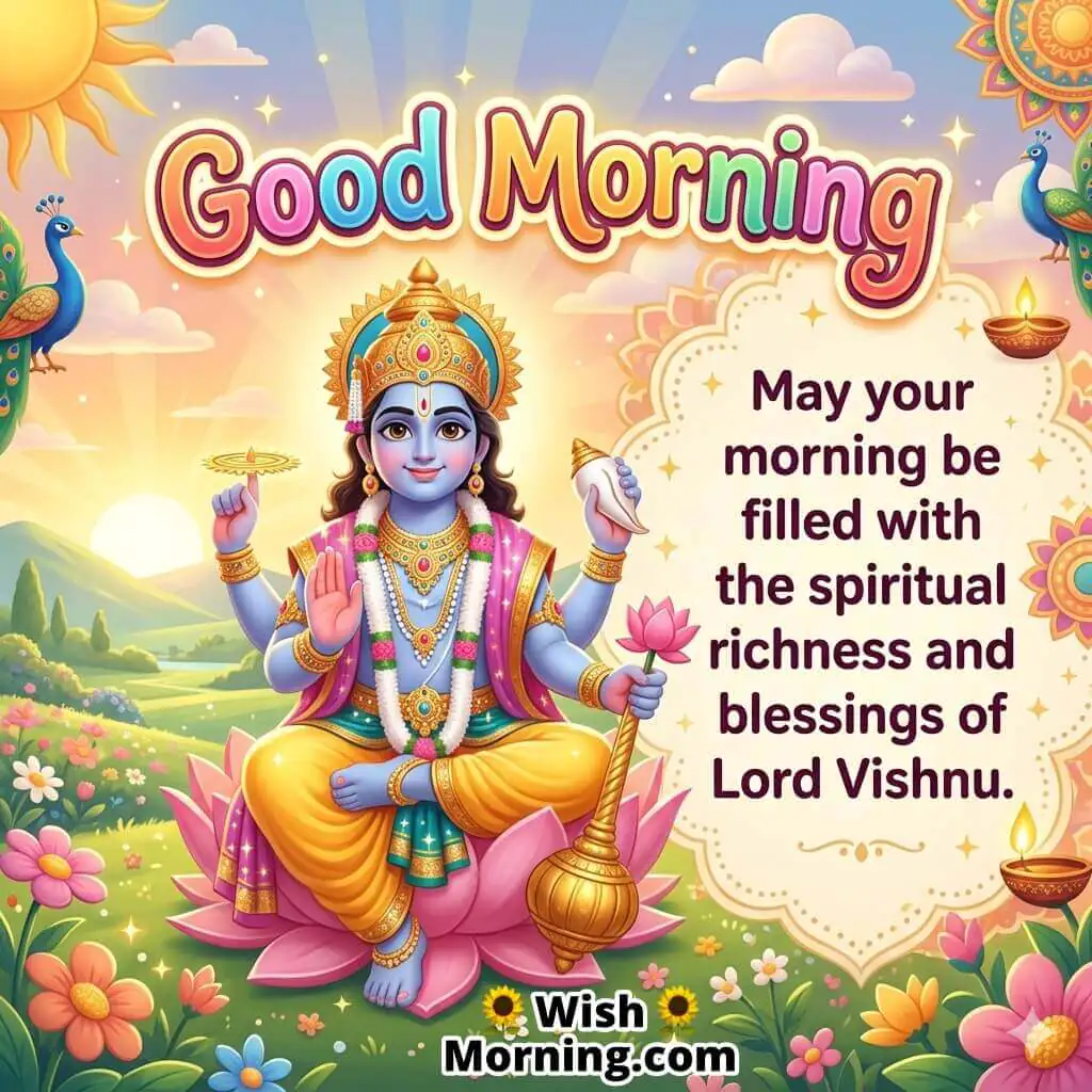Good Morning Lord Vishnu Blessings Message featuring Lord Vishnu on a lotus amid a bright sunrise landscape with peacocks and flowers, symbolizing spiritual abundance, peace, and divine blessings.