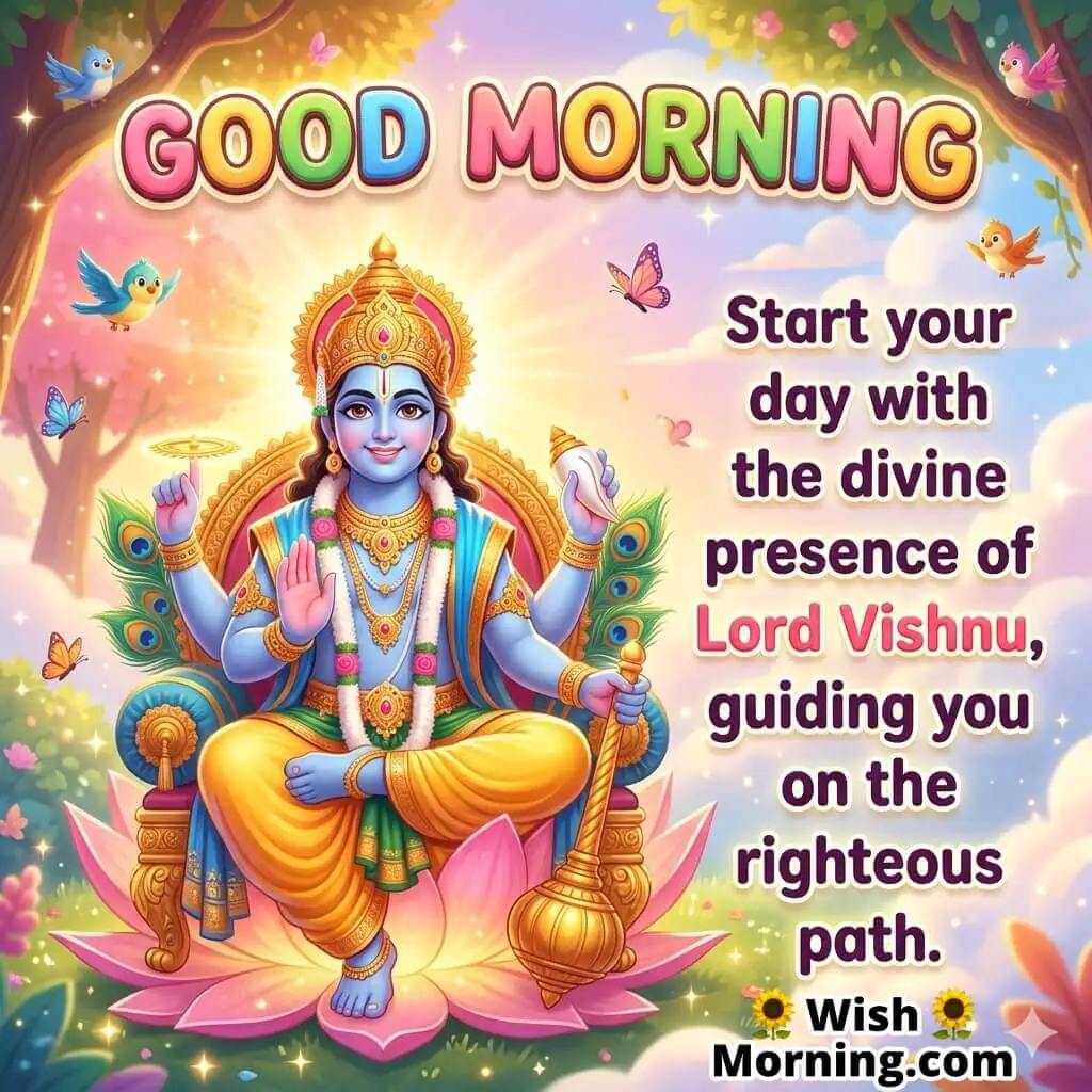 Good Morning Lord Vishnu Guidance Message featuring Lord Vishnu seated on a lotus throne with divine symbols and colorful morning scenery, symbolizing righteous guidance, wisdom, and spiritual direction.