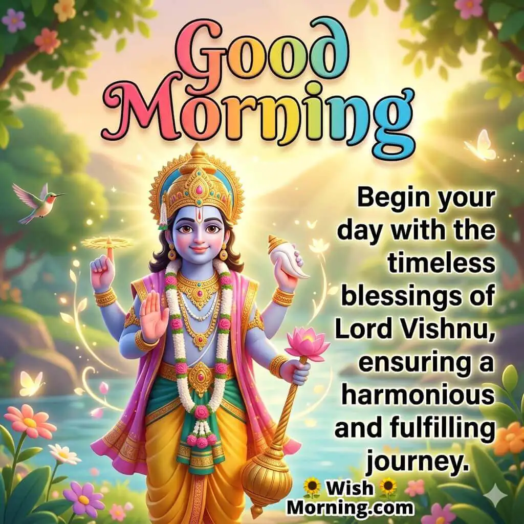 Good Morning Lord Vishnu Harmony Message featuring Lord Vishnu standing gracefully near a tranquil water stream surrounded by flowers and butterflies, symbolizing harmony, fulfillment, and auspicious beginnings.