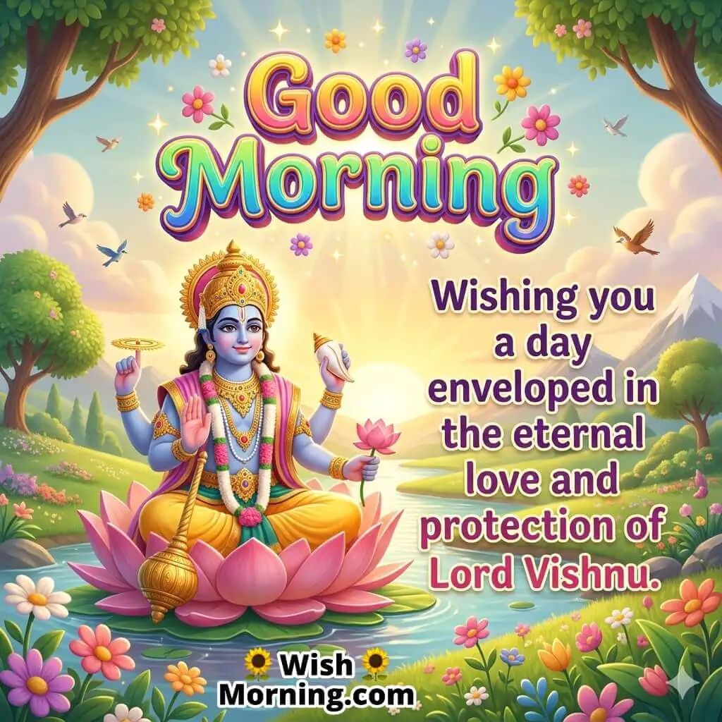 Good Morning Lord Vishnu Protection Message featuring Lord Vishnu seated on a blooming lotus beside a serene river and flowering garden, symbolizing eternal protection, love, and divine care.