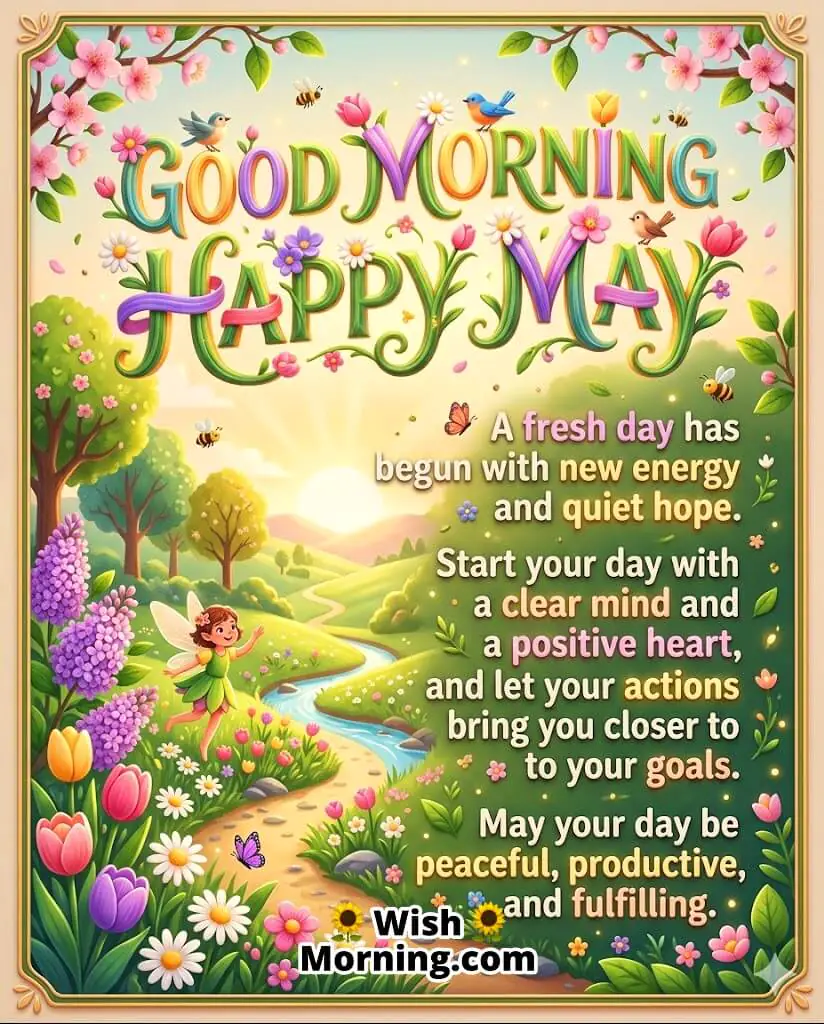 Good Morning May Positive Day Message Image featuring morning sunlight, fresh flowers, and calm scenery symbolizing new energy, focus, and peaceful progress.