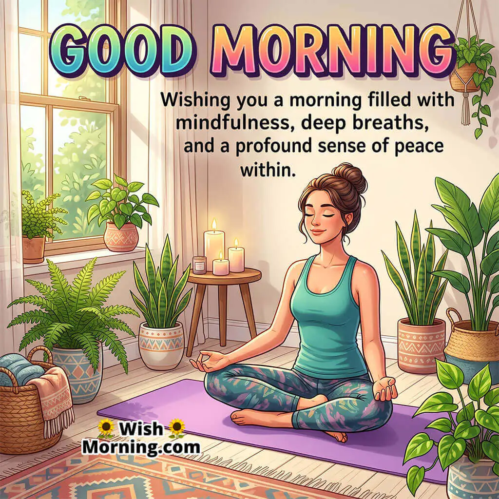 Good Morning Mindfulness Message for Inner Peace featuring woman practicing yoga beside indoor plants symbolizing calm breathing and peaceful energy