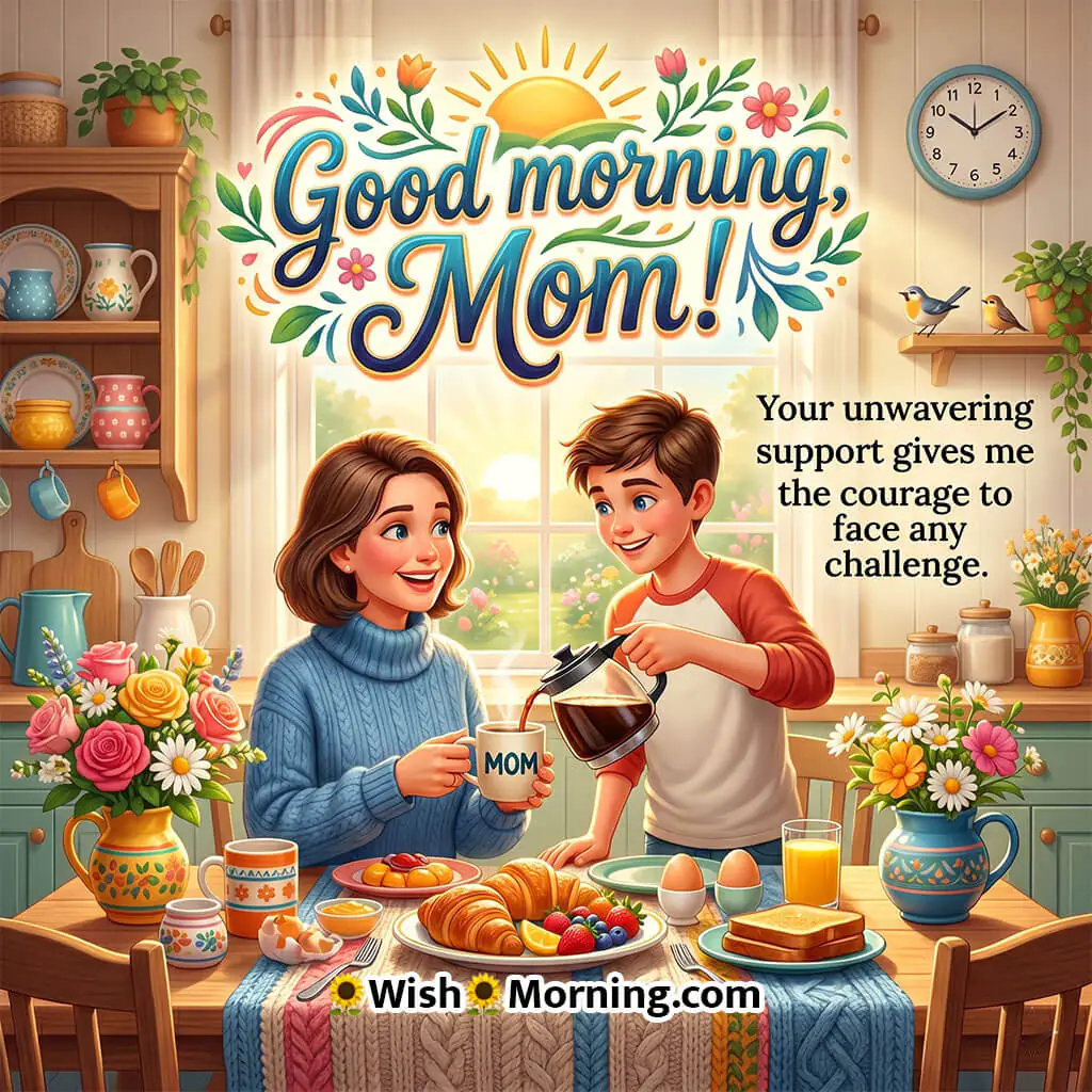 Good Morning Mom Appreciation Message featuring a loving mother and son sharing breakfast and coffee in a bright kitchen filled with flowers and sunlight symbolizing support, encouragement, and family love.