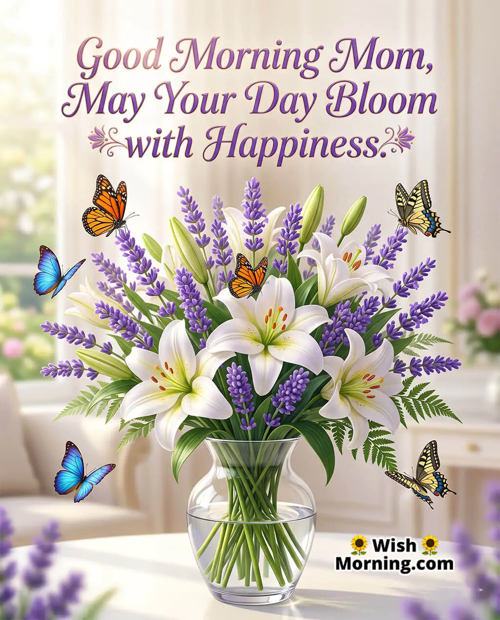 Good Morning Mom Happiness Quote Image featuring white lilies and lavender in a clear vase with colourful butterflies around a bright indoor background, symbolizing joy, freshness, and a heartwarming wish.