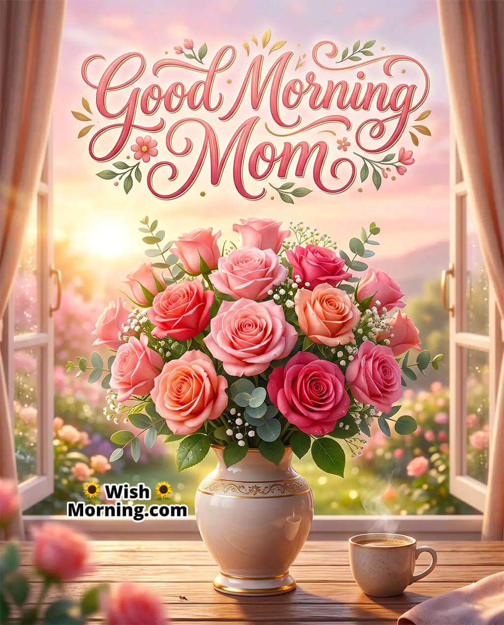 Good Morning Mom Image With Rose Bouquet featuring a fresh pink rose arrangement in a ceramic vase on a wooden table near an open window with soft sunrise light, symbolizing love, warmth, and a gentle start to the day.