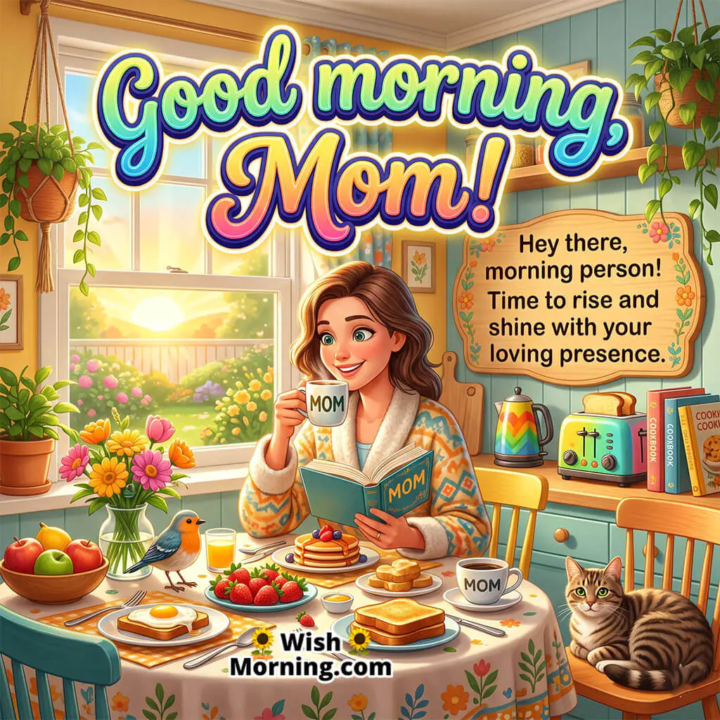 Good Morning Mom Loving Wish featuring a happy mother reading with coffee at a colorful breakfast table beside a sunny window and playful cat symbolizing comfort, affection, and cheerful morning vibes.
