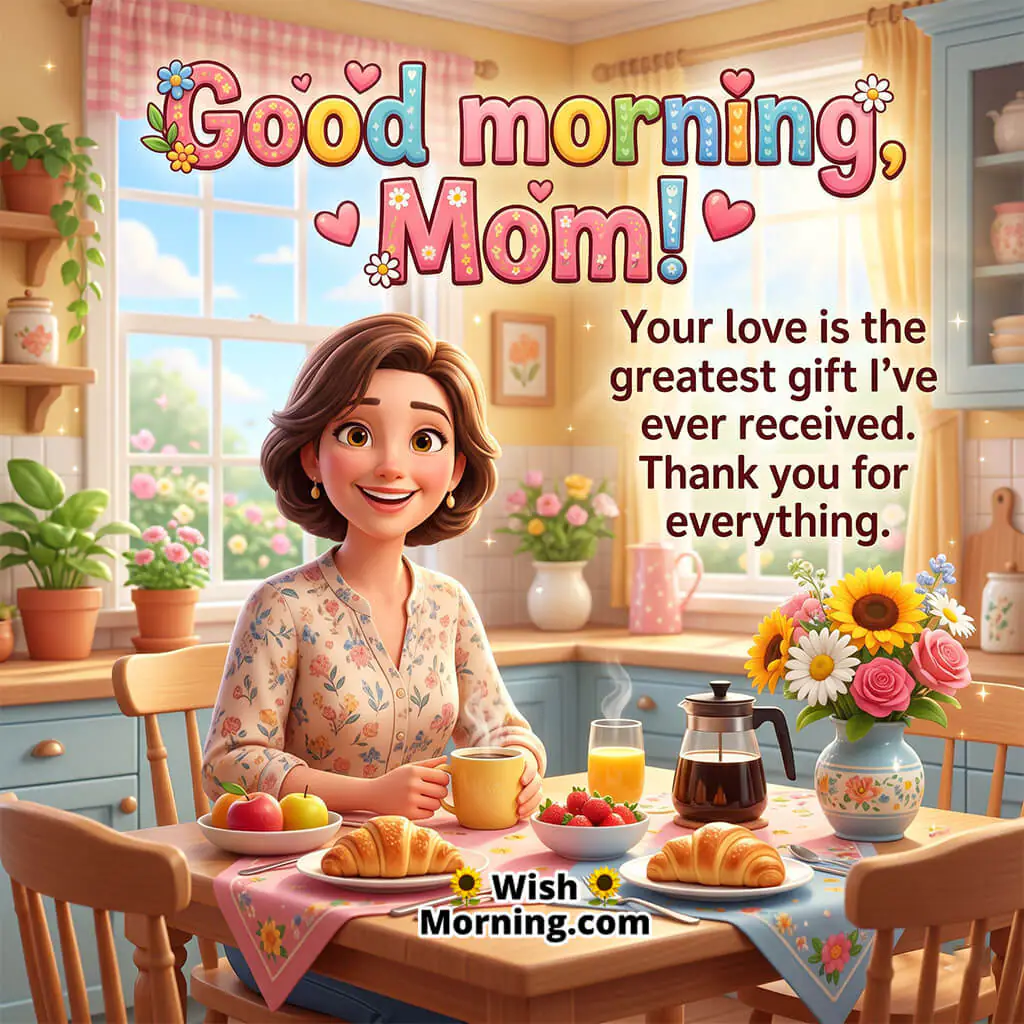 Good Morning Mom Thank You Message featuring a smiling mother sitting at a breakfast table with coffee, flowers, and pastries in a bright kitchen symbolizing gratitude, love, and heartfelt appreciation.