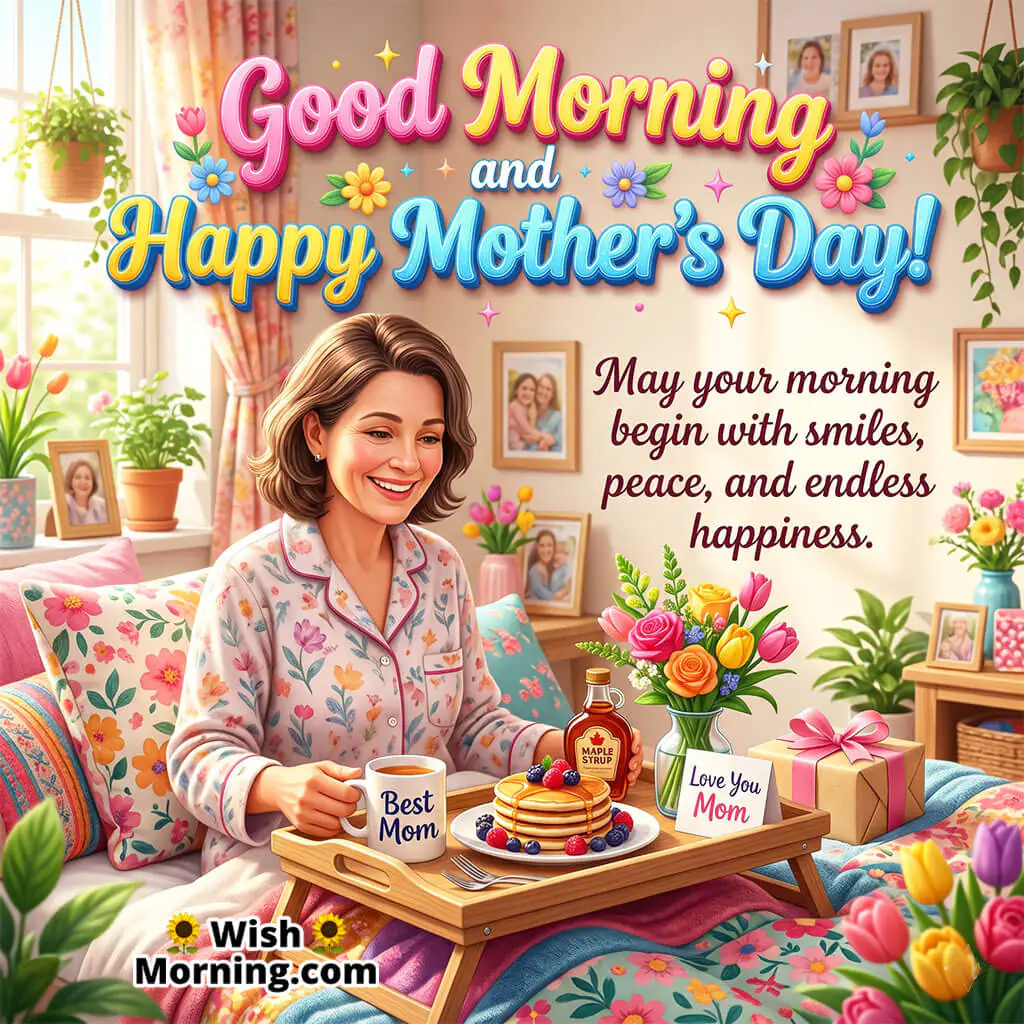 Good Morning Mother’s Day Happiness Message featuring a cheerful mother enjoying breakfast in bed with flowers, gifts, and bright morning decor symbolizing peace, smiles, and endless happiness.