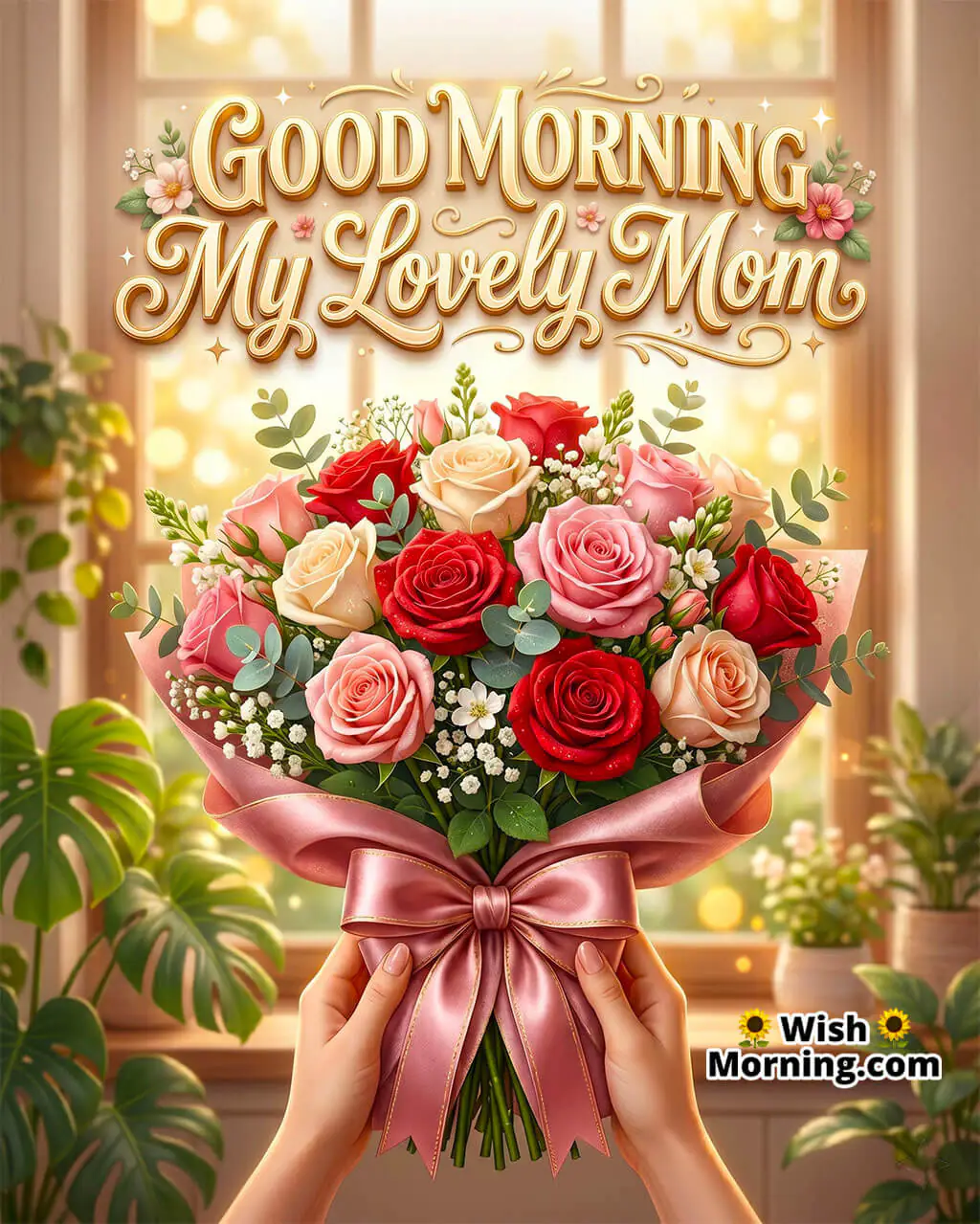 Good Morning My Lovely Mom Photo With Bouquet featuring hands holding a red and pink rose bouquet tied with a ribbon in a cozy window-light setting, symbolizing appreciation, affection, and a loving morning
