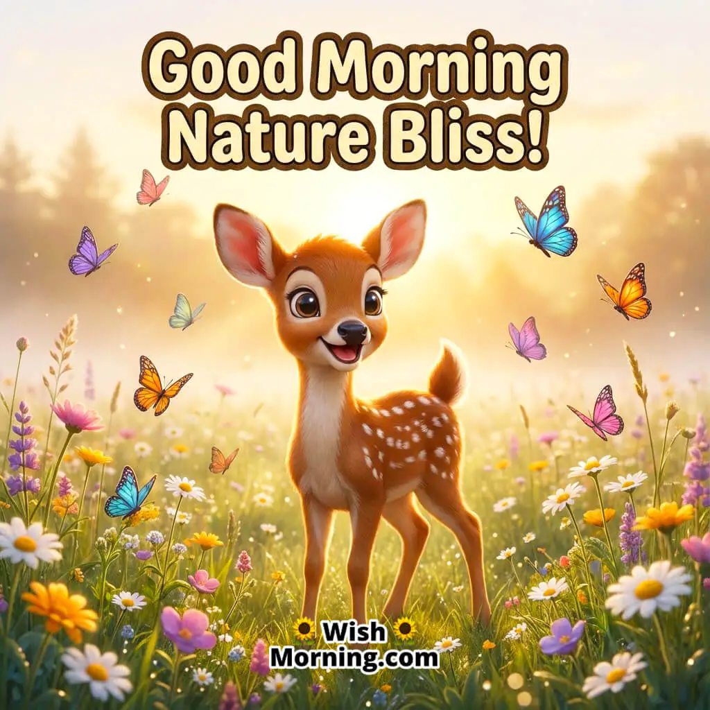 Good Morning Nature Bliss featuring a baby deer in a soft sunrise meadow with butterflies, symbolizing peace and gentle hope.