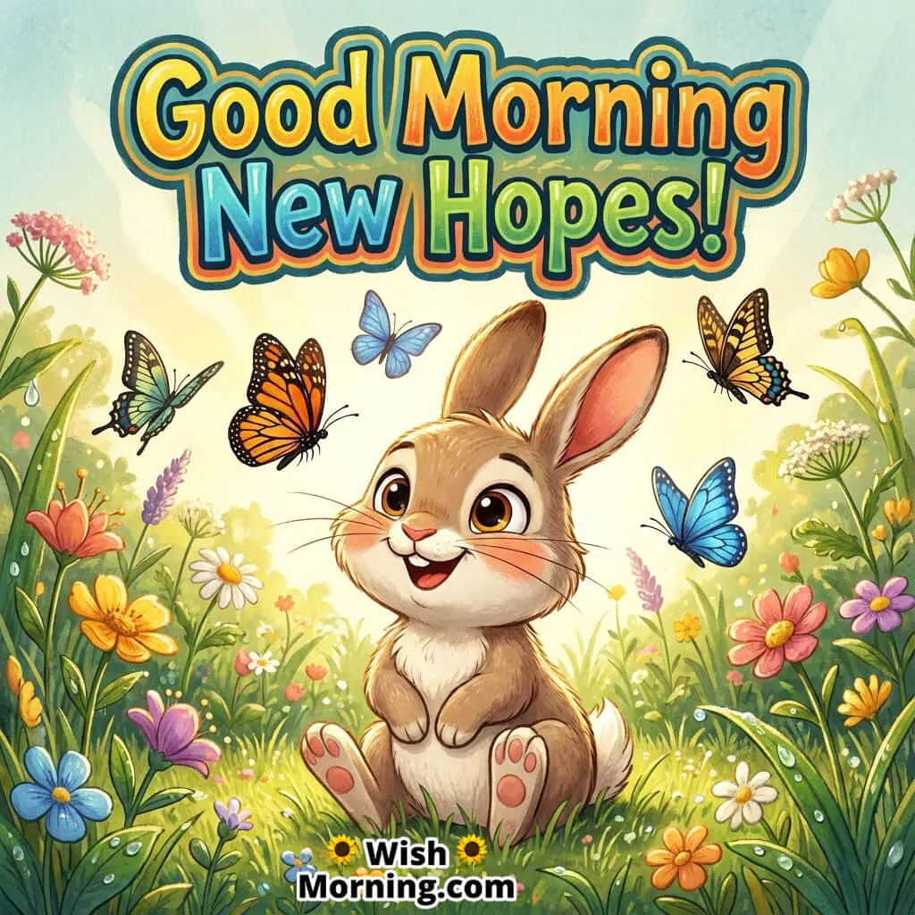 Good Morning New Hopes featuring a rabbit watching butterflies in a bright morning garden, symbolizing renewal and positivity.