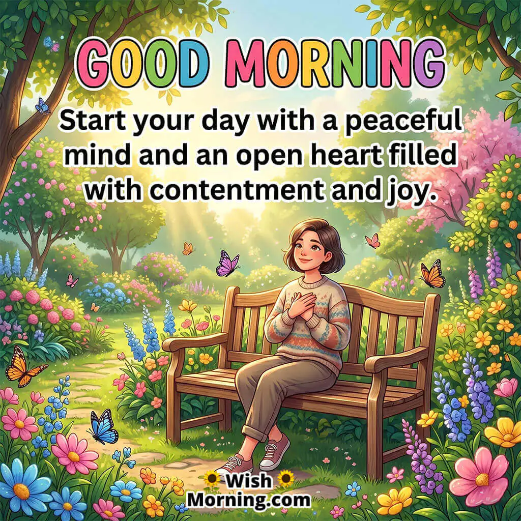Good Morning Open Heart and Peaceful Mind Message featuring cheerful person relaxing on a flower garden bench symbolizing joy and contentment